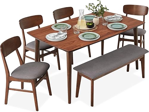 Miniatura 8 de Best Choice Products Juego de comedor de madera de 6 piezas, mesa moderna de mediados de siglo y sillas tapizadas con asiento de banco, patas