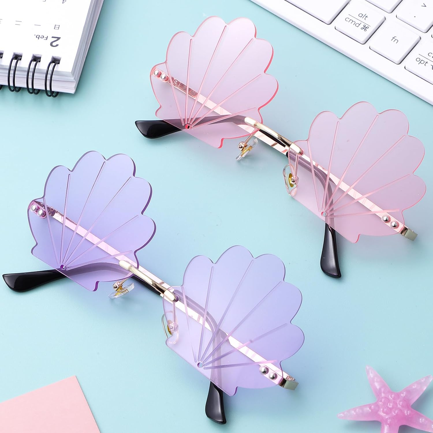 DOITOOL 2 Pcs Seashell Sunglasses for Women Girls, Rimless Shell Glasses, Mermaid Accessories, Funny Party Eyewear Photo Props for Beach Pool Hawaiian Theme Party