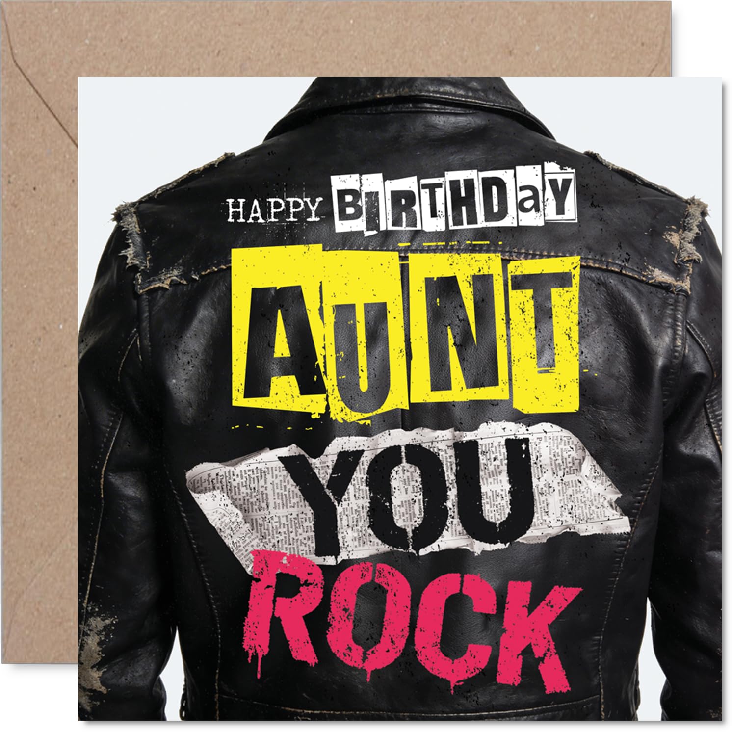 Playful Birthday Card for Aunt - Punk Vibes for Your Favourite Aunt - Bold Leather Jacket Design with a Splash of Neon - 145mm Square, Envelope Included