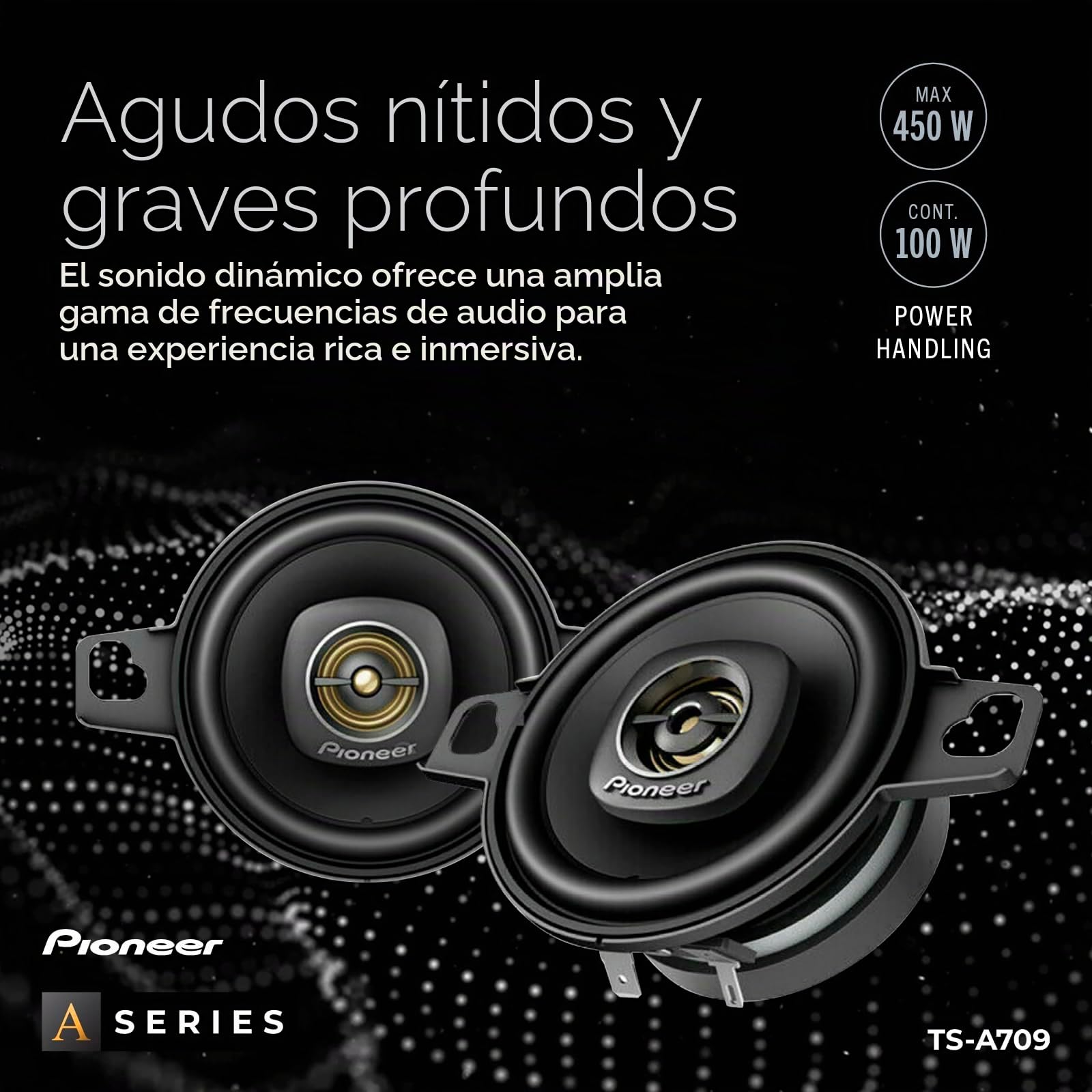 Pioneer TS-A709 Serie A Altavoz coaxial de 2-3/4 Pulgadas de 2 vías de 450 vatios de Potencia máxima con un Tweeter de 16 mm, par, Negro | Gran pieza de repuesto, sonido equilibrado y agudos suaves, fácil instalación