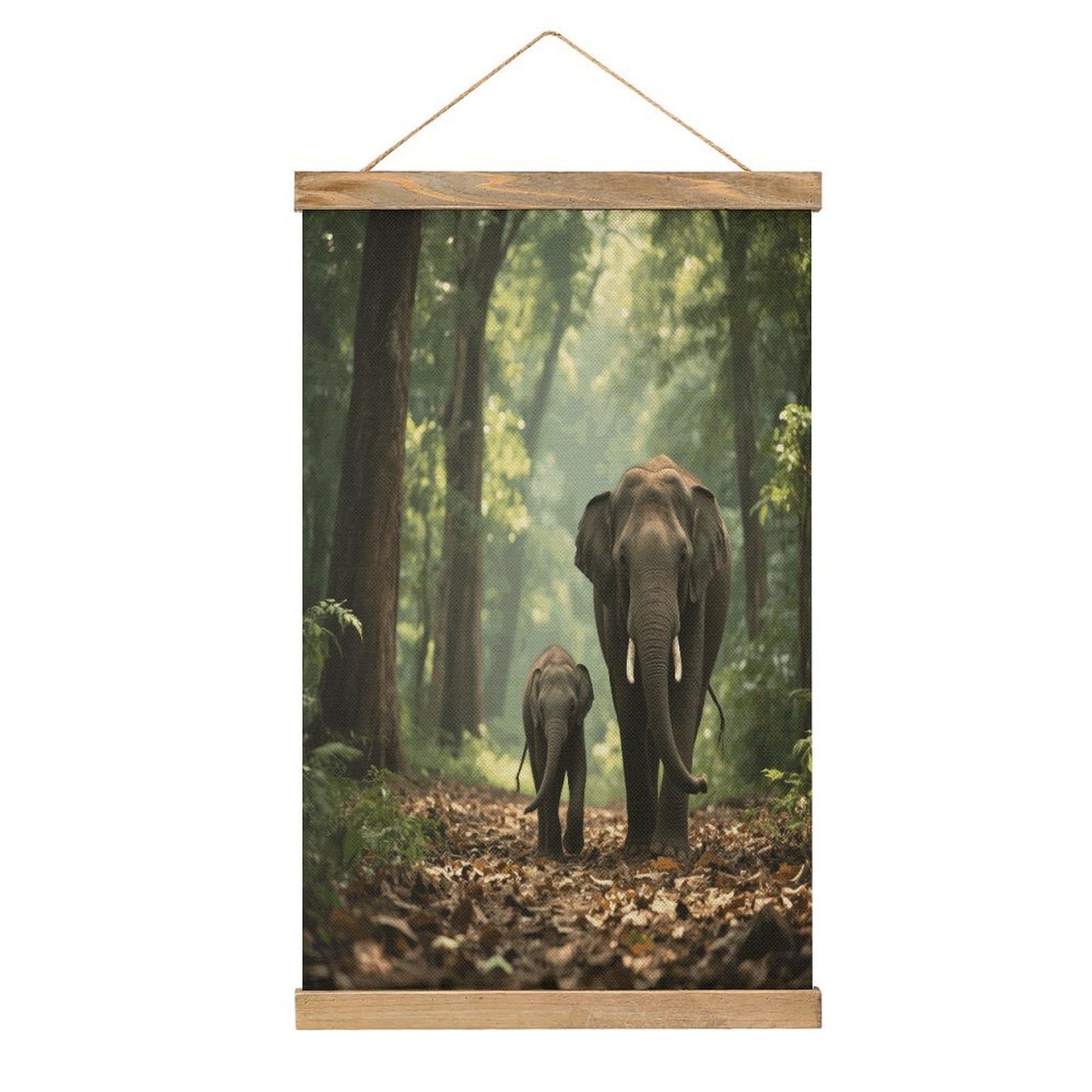 VstaDank Elephants Hanging Poster with Wooden Frame Modern Linen Hanging Painting Retro Style Wall Decor Art Painting for Living Room,Bedroom Decor Poster Frame 20.4x13.1inch