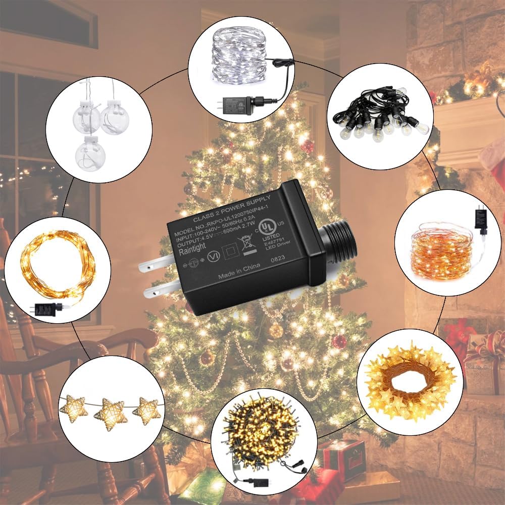 Image showing the power supply in the center, surrounded by various compatible LED lighting products like string lights, fairy lights, and decorative lamps.