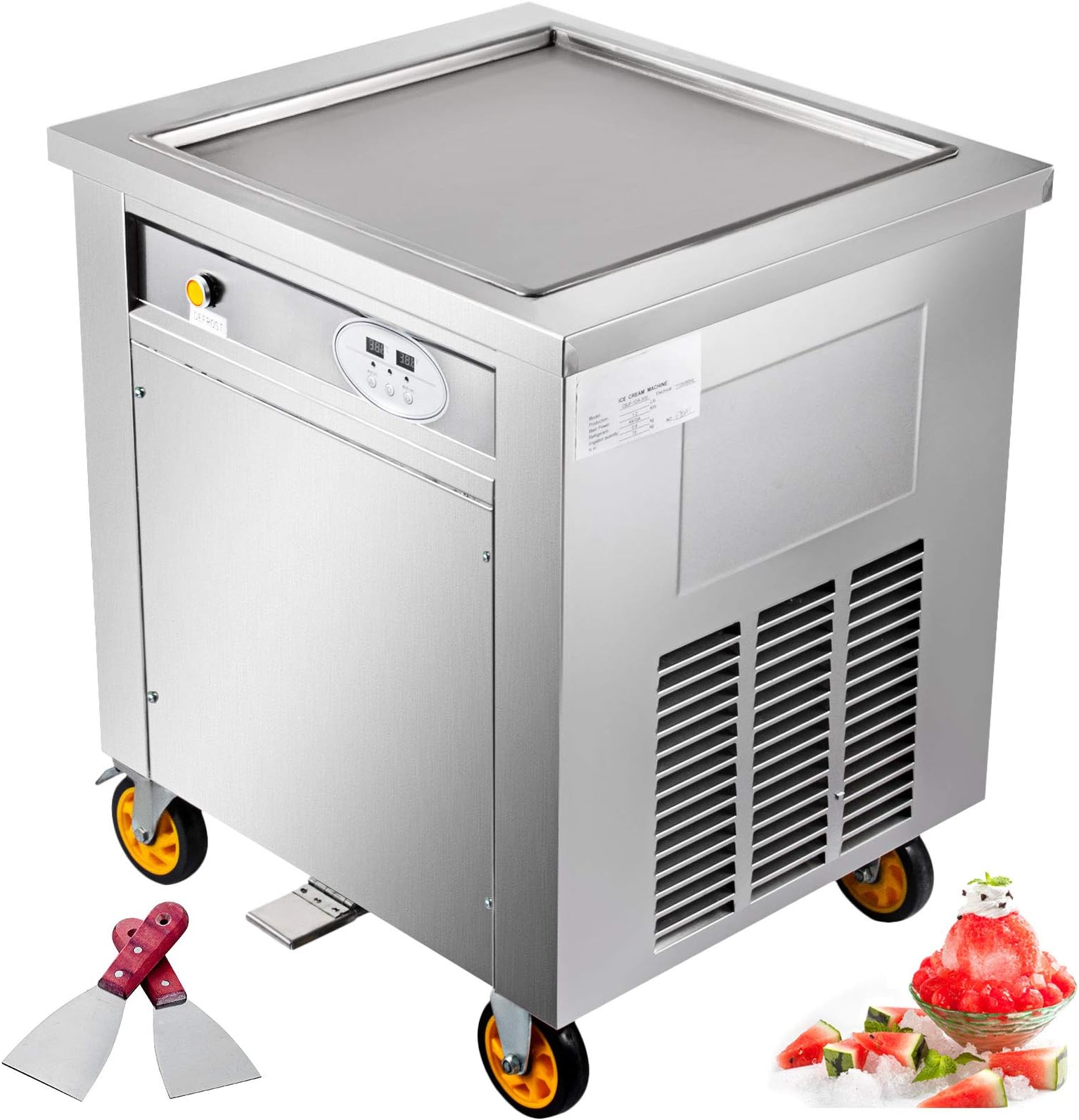 VEVOR Commercial Rolled Ice Cream Machine, 1350W Stir-Fried Yogurt Cream Maker, Ice Cream Roll Machine w/ 19.7-Inch Square Pan, 2 Defrost Methods (Button & Pedal), Perfect for Bars Cafes Dessert Shops