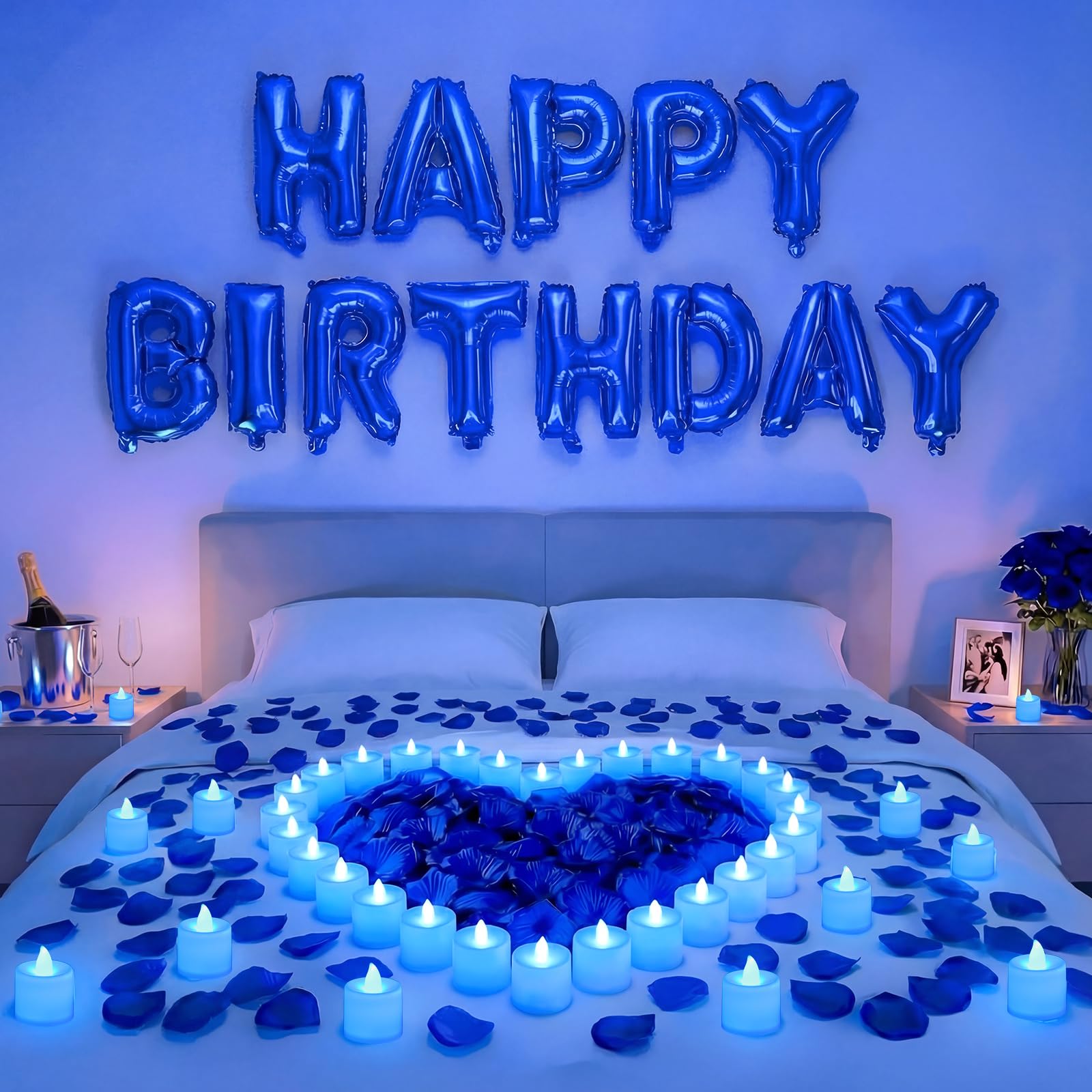 Bannière de ballons bleus « Happy Birthday » de 40,6 cm avec 24 lumières LED et 2 000 pétales de rose bleus pour enfants et adultes, décorations de fête d'anniversaire