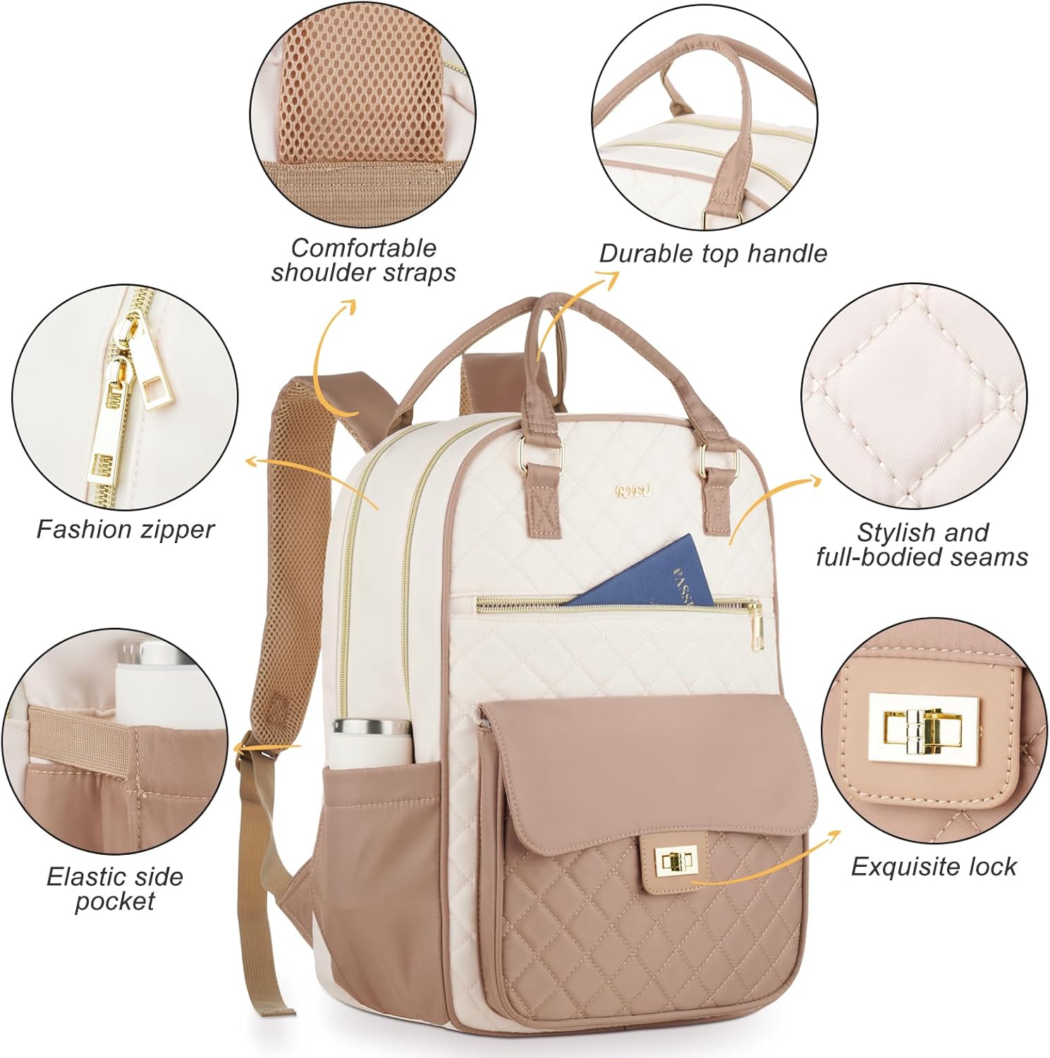 School Backpack for Teen Girl,Aesthetic Schoolbag Bookbag with 15.6-Inch-Laptop Compartment for Women College Student Work Travel Nurse Teacher,Khaki-Beige