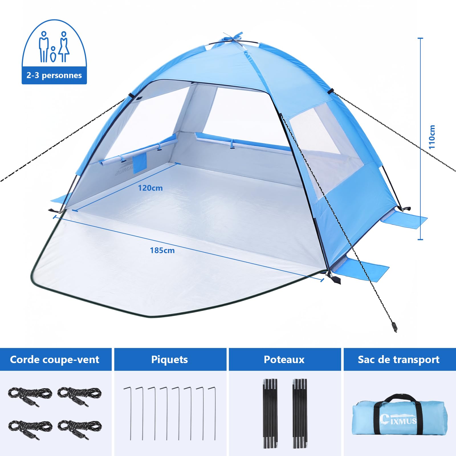 Tente de Plage Anti-UV 50+ Portable pour Bébé et Adulte - Abri de Plage Coupe-Vent (Bleu Lac, 185x120x110cm)