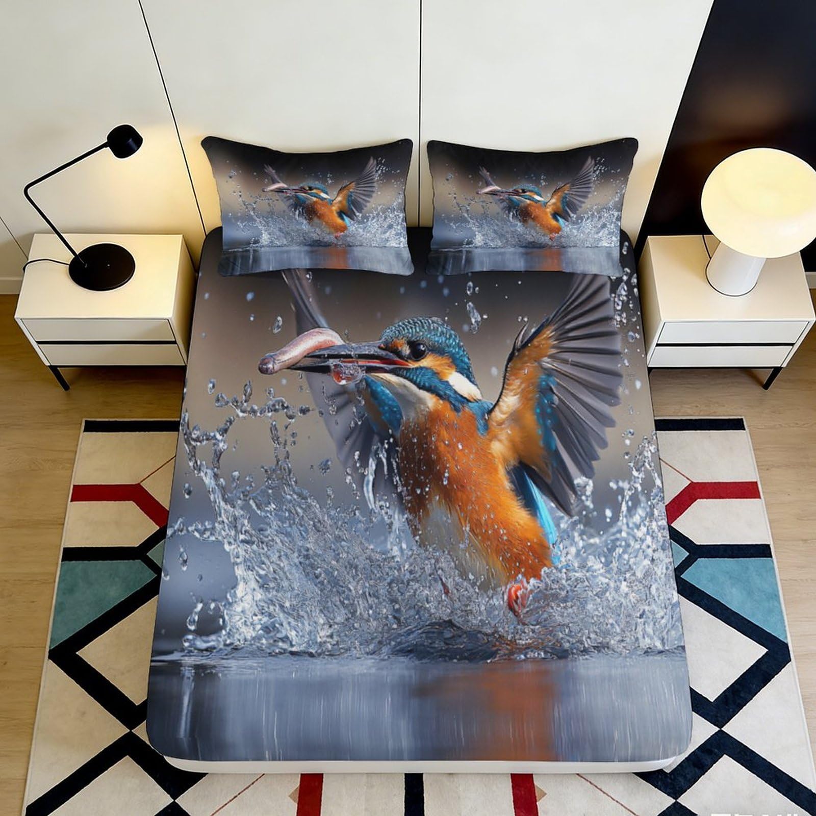3D Printed Kingfisher Splash Fitted Sheet Microfiber Soft Blue Bird Water Scene Mattress Cover Bedroom Decor 90x200x25cm
