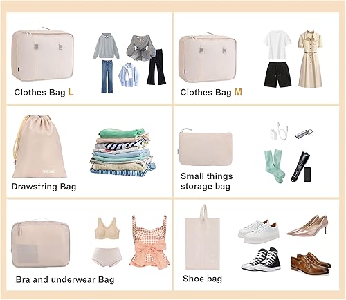 Miniatura 5 de Juego de 6 cubos de equipaje organizadores de equipaje para accesorios de viaje, bolsas de almacenamiento color beige crema, lavables a máquina,