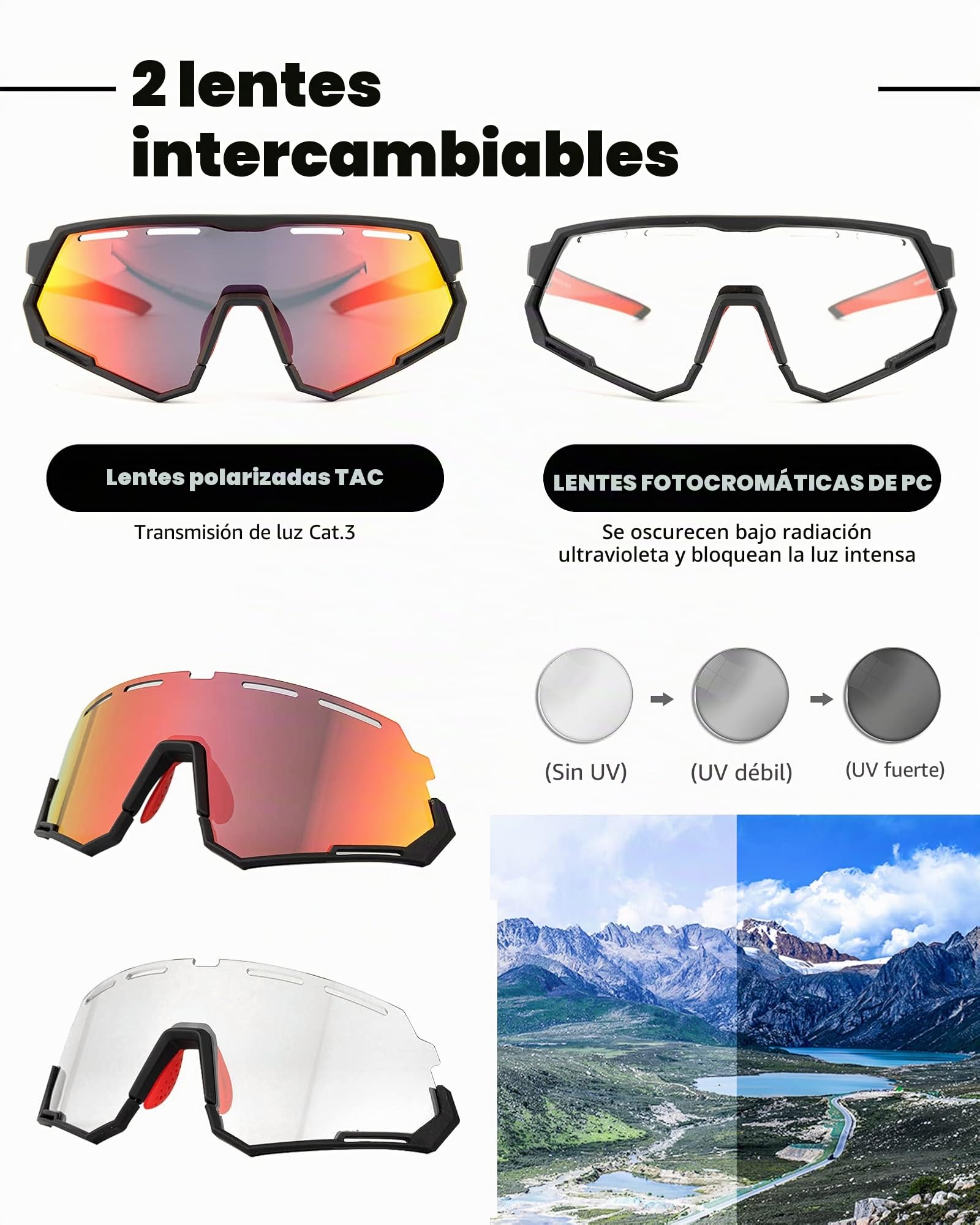 ROCKBROS Gafas de Ciclismo para Hombre Mujeres, 2 Lentes Intercambiables Fotocromáticas Polarizadas Gafas Sol Deportivas Marco TR90 de Running MTB Bicicleta