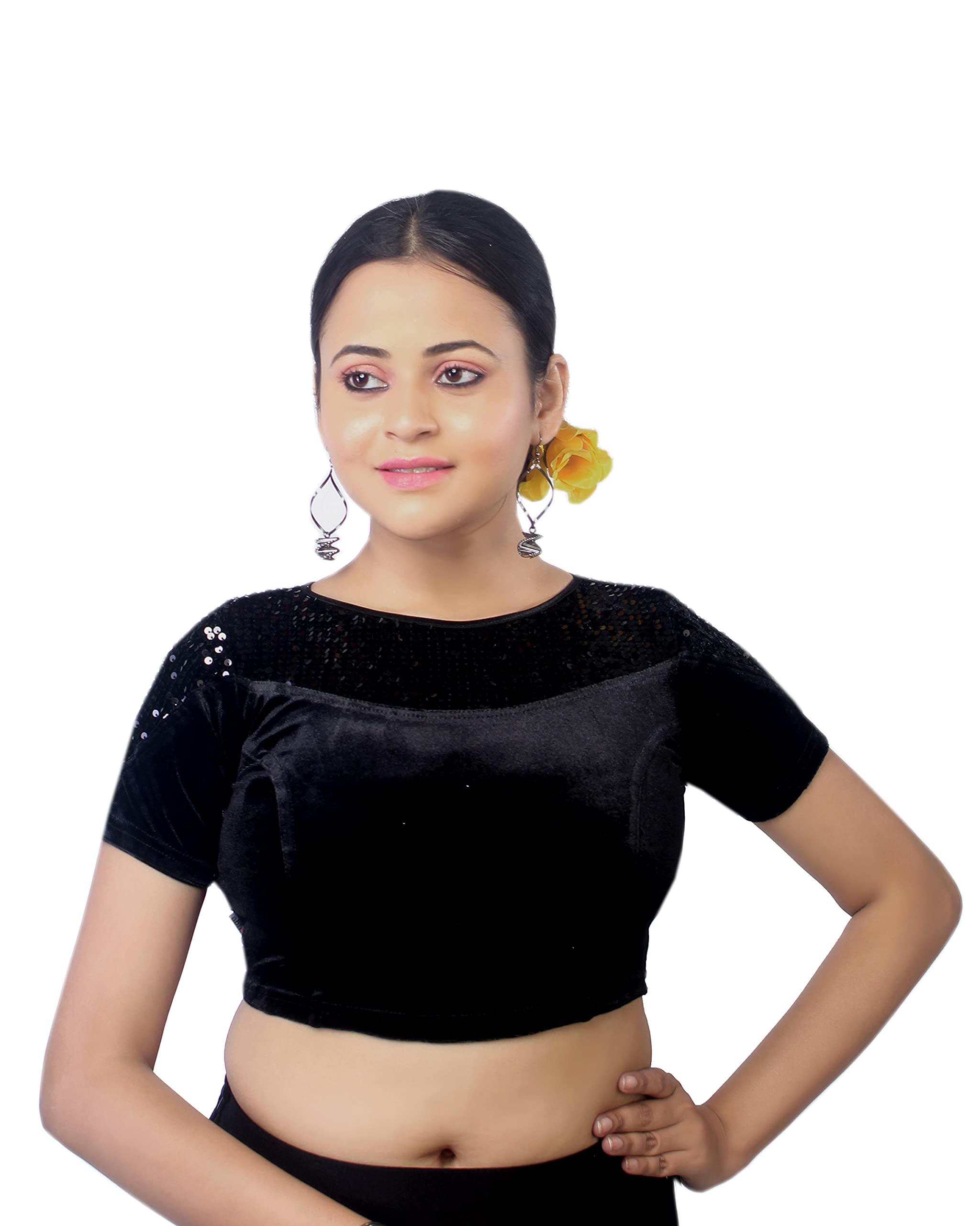 abhi Women's Red Half Sleeves Velvet Blouse | Sequence Design | Readymade Blouse-picture-13