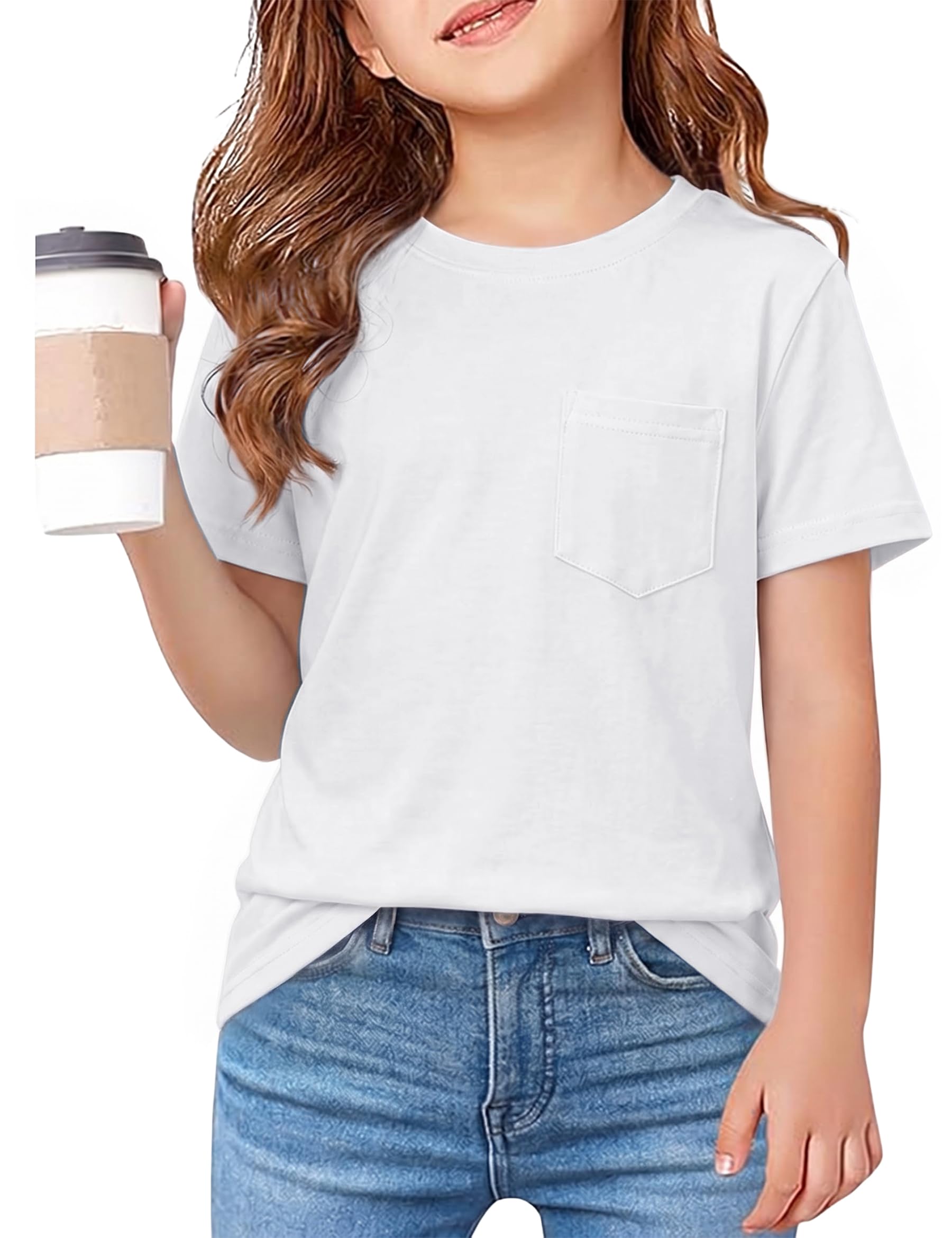 Leversic T-Shirt Mädchen Sommer Kurzarm Basic Tops Einfarbiges Rundhals Kinder Sport Mit Taschen Tshirt für Mädchen 6-15 Jahre