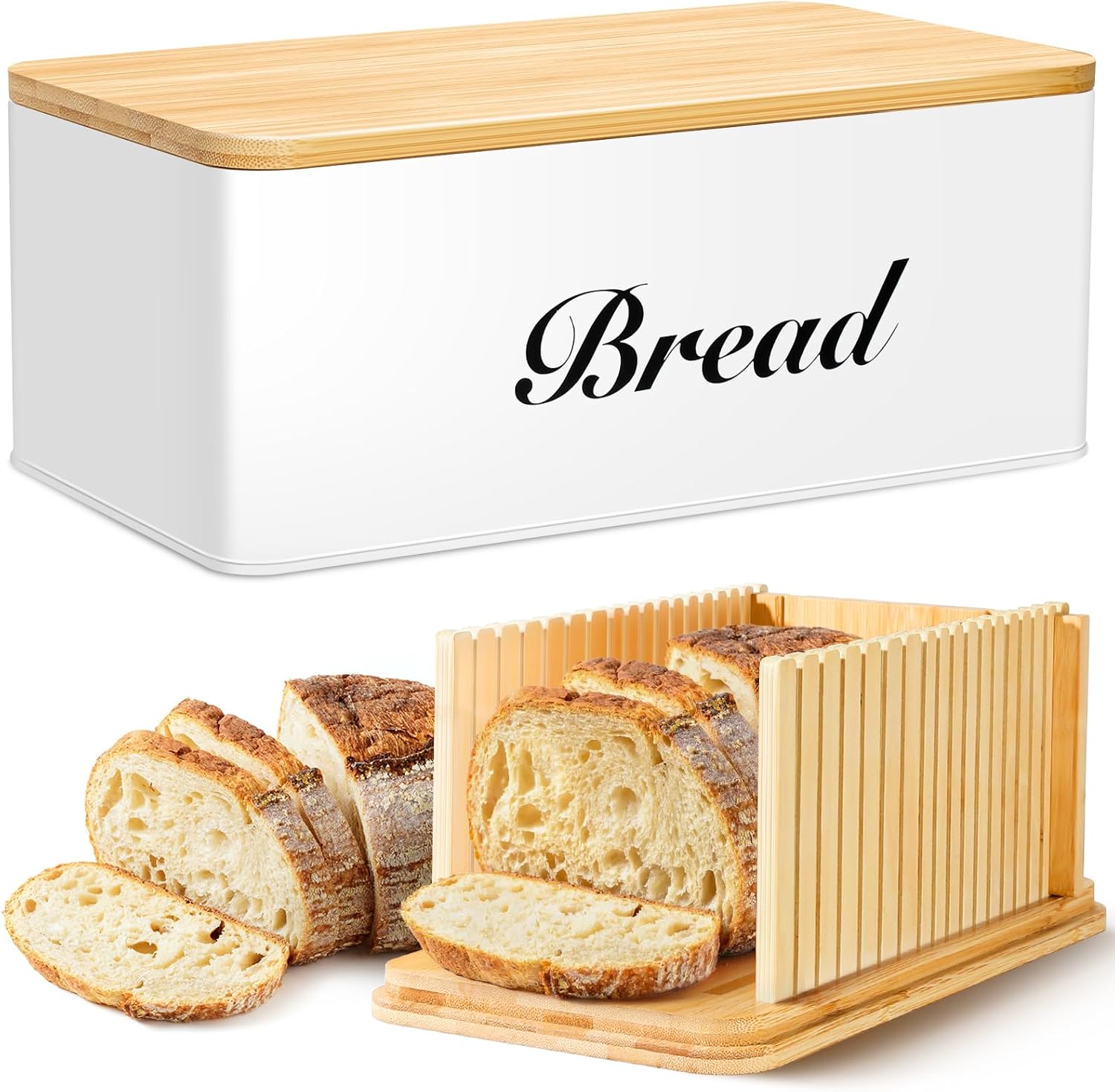 Bread Slicer for Homemade Bread with Box, White Bread Storage for Kitchen Countertop with 3 in 1 Bamboo Lid, Bread Loaf Slicers Machine with Slicing Guide for Sandwich, Sourdough