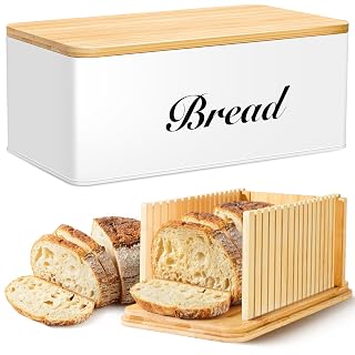 Bread Slicer for Homemade Bread with Box, White Bread Storage for Kitchen Countertop with 3 in 1 Bamboo Lid, Bread Loaf Slicers Machine with Slicing Guide for Sandwich, Sourdough - Amazon product rated Grade A