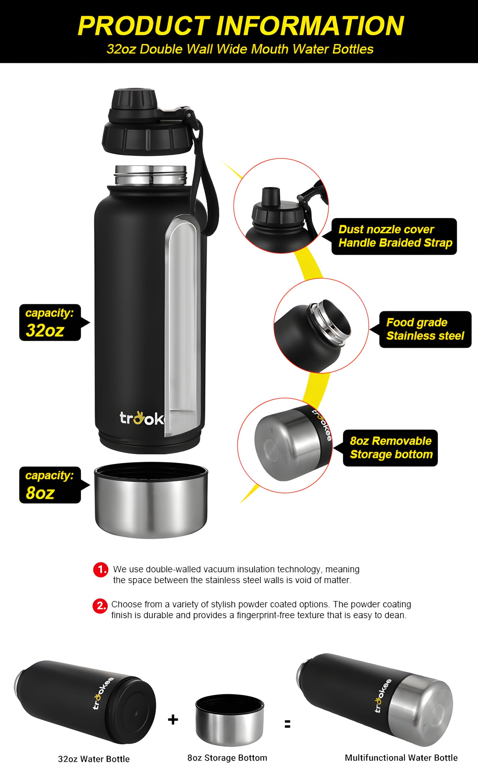 Botella Agua Acero Inoxidable 1 Litro, Doble Capa y Base Extraíble, Sin BPA - Botella Termica, Garrafa Agua, 12h. Caliente y 24h. Fría - Termo Cafe - Botella Gimnasio, Oficina, Mascotas