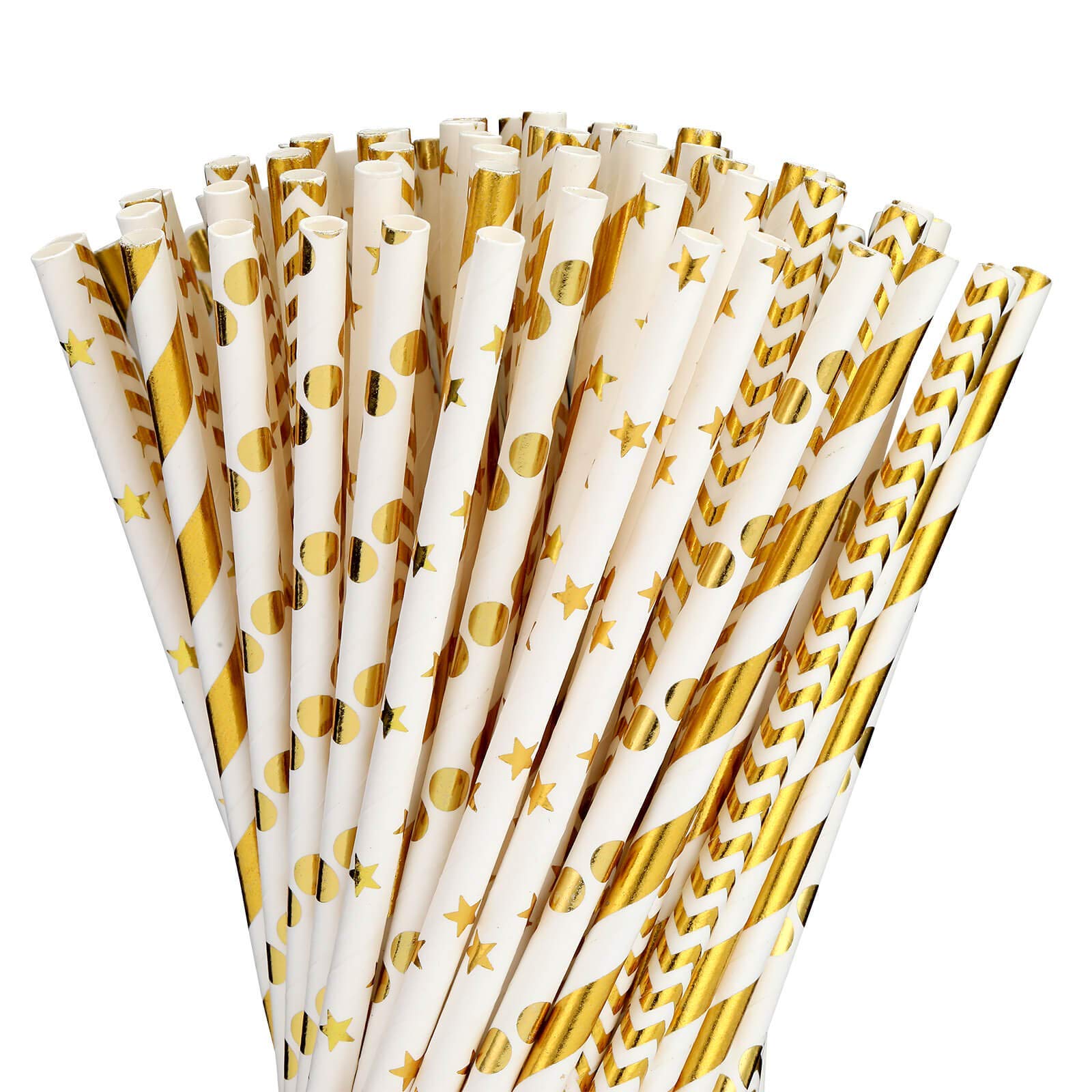 Paper straws for drinking, Biodegradable Gold Paper Straws Bulk, Pack of 100 Metallic Foil Striped/Wave/Heart/Star Straws for Birthday, Wedding, Bridal/Baby Shower, Celebrations and Party Supplies