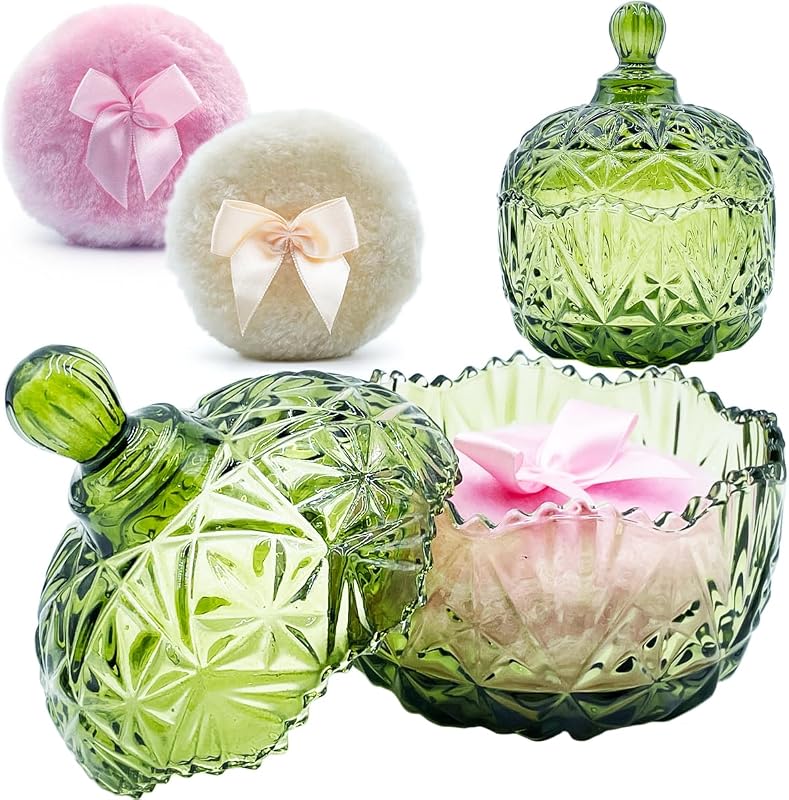 Pote de vidro para pó com 2 puffs, 10,16 cm, Crown - verde oliva
