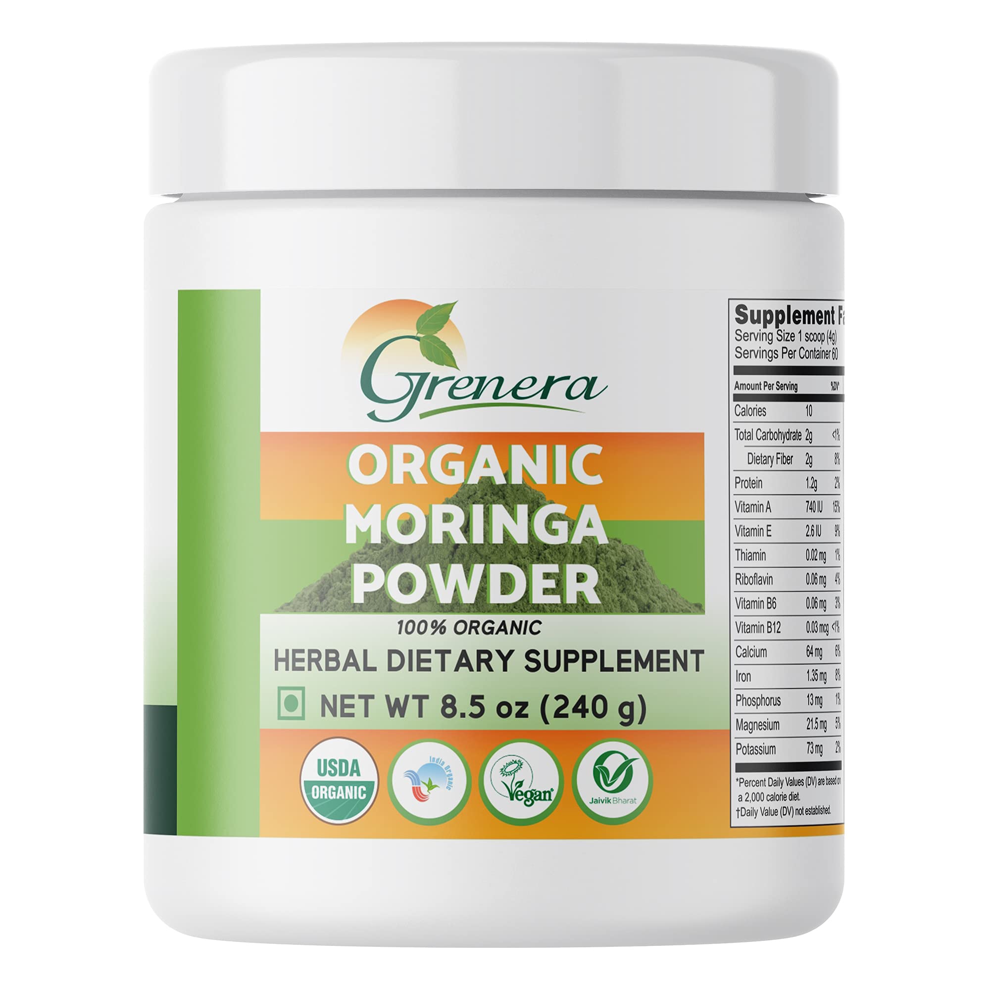 Grenera Moringa (Drumstick) Leaf Powder 240 gram, Vegan, Perfect For Smoothies, Salads, Herbal Teas