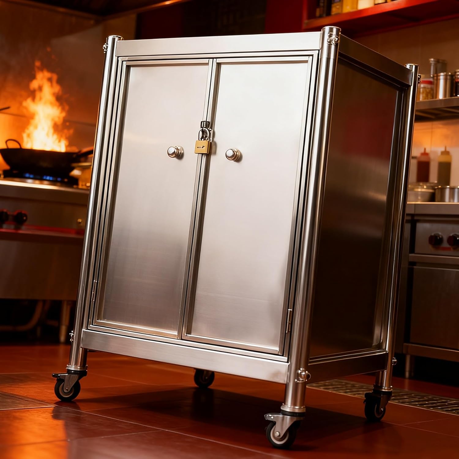 Mobile Stainless Steel Work Countertop with Dual Cabinet Doors Worktable Accommodates Gas Cylinders Multi-Functional Freestanding Storage Rack for Homes(60x50x91cm/23.6x19.7x35.8”)