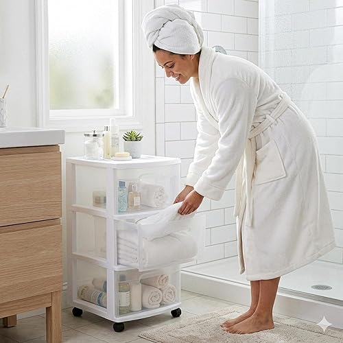 Miniatura 9 de Carrito de cajón de almacenamiento de plástico, color sólido, blanco, mediano, para organización del hogar, con 3 cajones grandes, ruedas