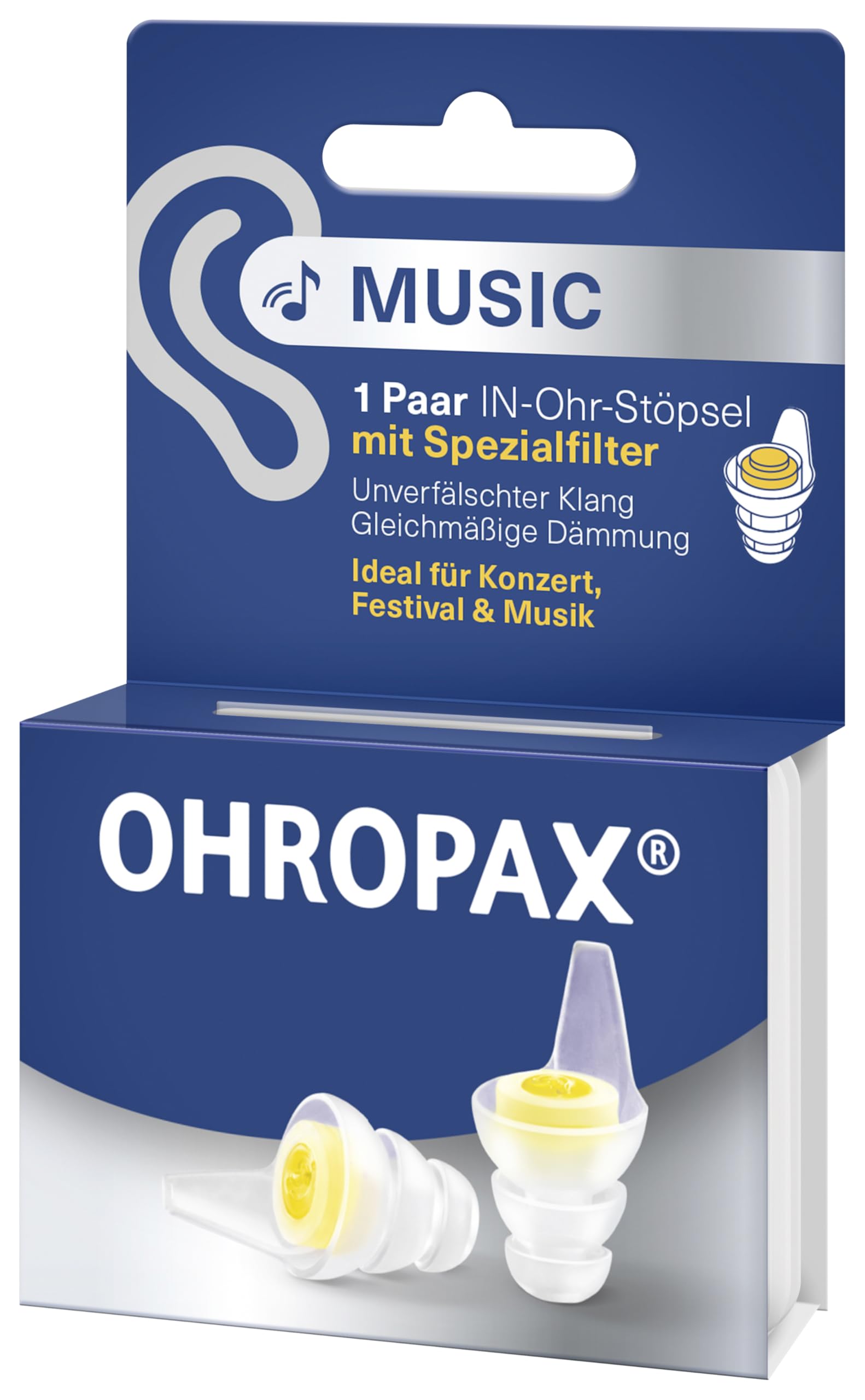 OHROPAX Music zatyczki do uszu – ze specjalnym filtrem – niezafałszowany dźwięk przy równomiernej izolacji – wartość izolacji akustycznej SNR 19 dB – idealne na koncerty – 1 para z wbudowanym filtrem