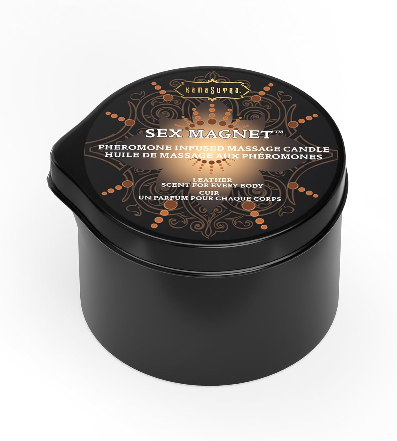 Kama Sutra Pheromone Massage Candles 2oz Pour spout Massage Candle with Coconut Oil, shea Butter, and pheromone Infused scents. (Leather)