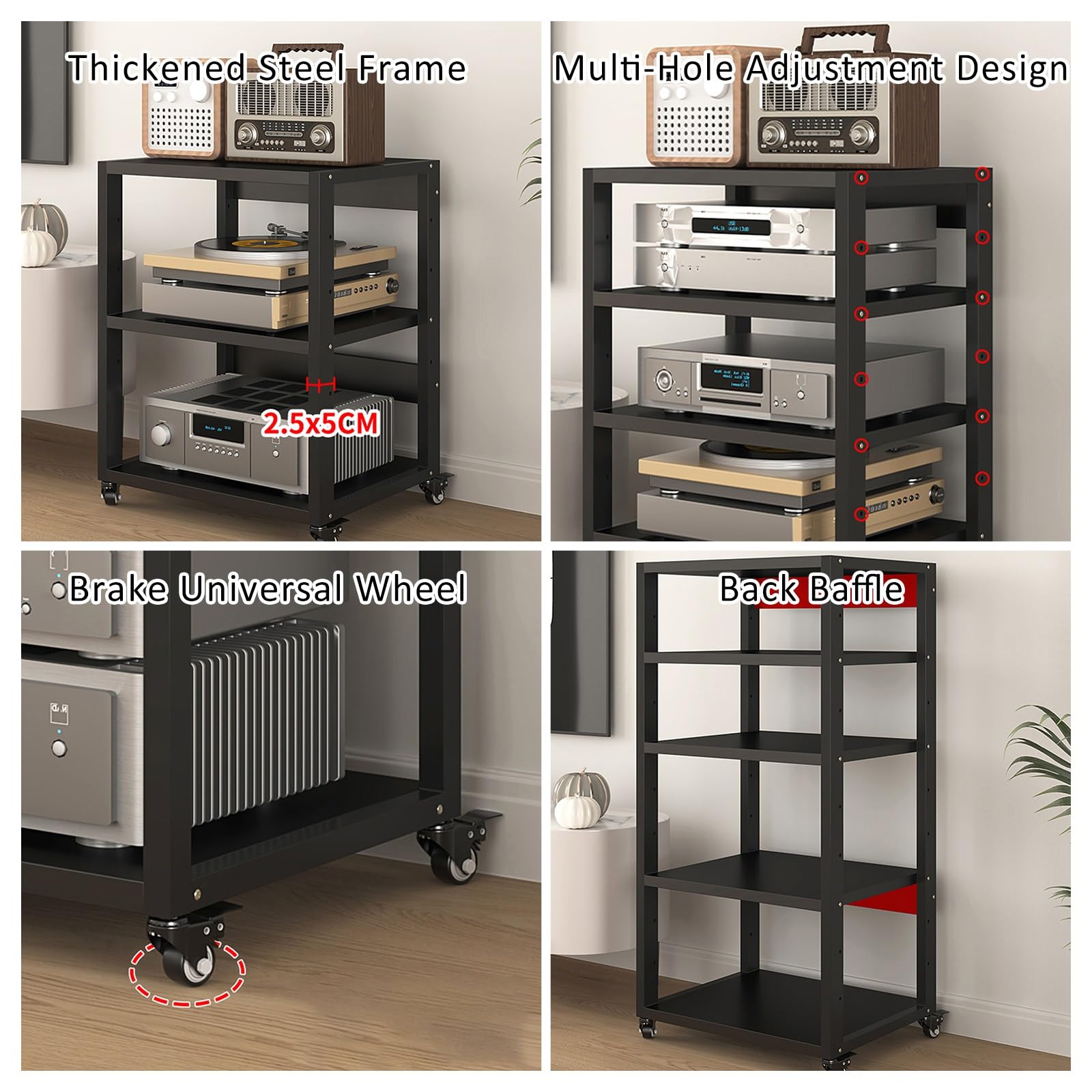 Generico Mobiletto Stereo Moderno con Ruote, mobiletto Porta Dischi in Vinile a 5 Ripiani, Supporto per Supporti Audio-Video, mobiletto Porta TV angolare, ripiano per Router e Dvd.