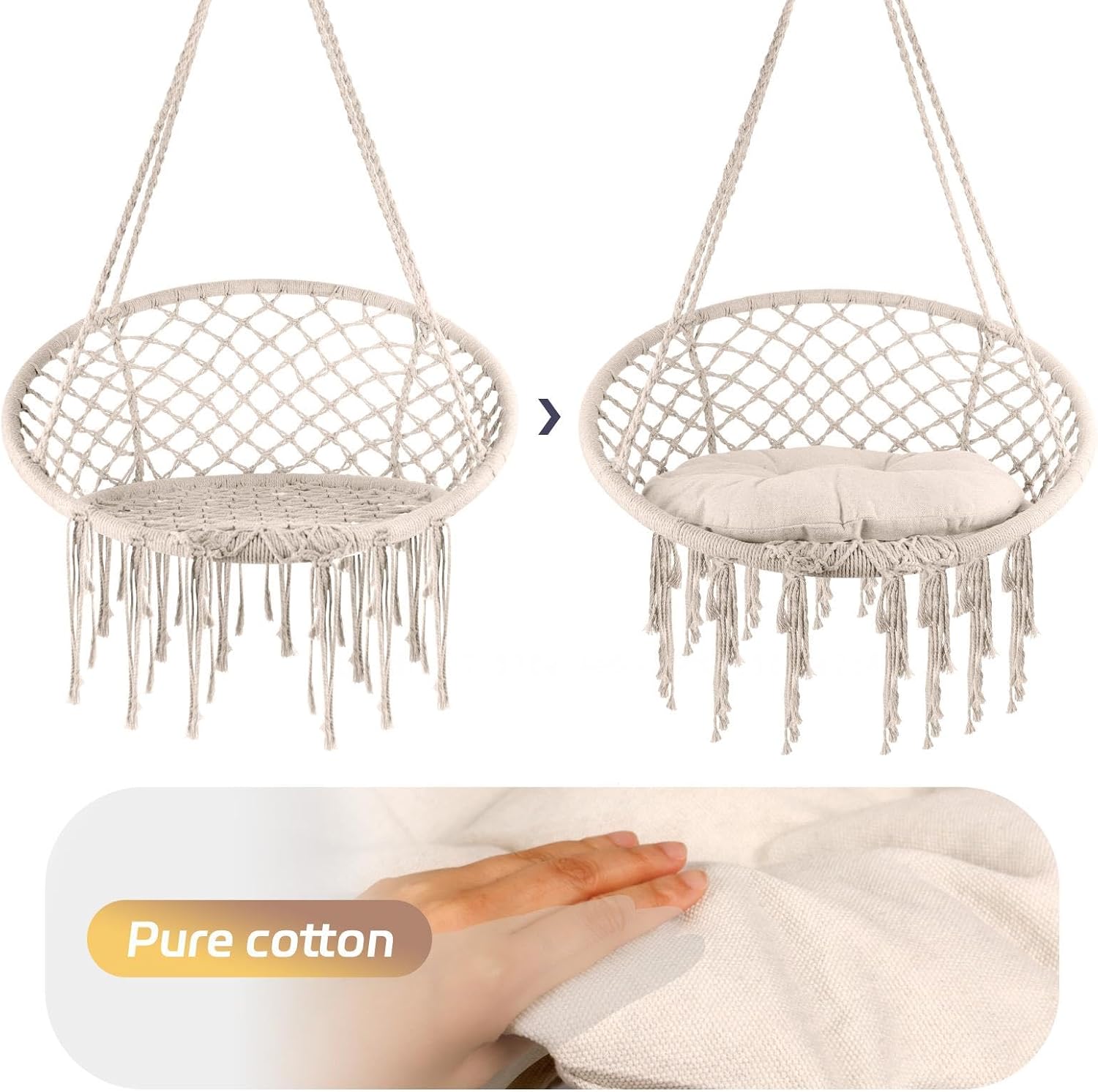 Boho Hanging Chair with Cushion, Hammock Chair Hanging Rope Swing, Macrame Hammock Swing Chair for Ceiling, Handwoven Rattan Egg Chair Ceiling for Indoor Outdoor Patio, Includes Hardware Kit, 500lbs