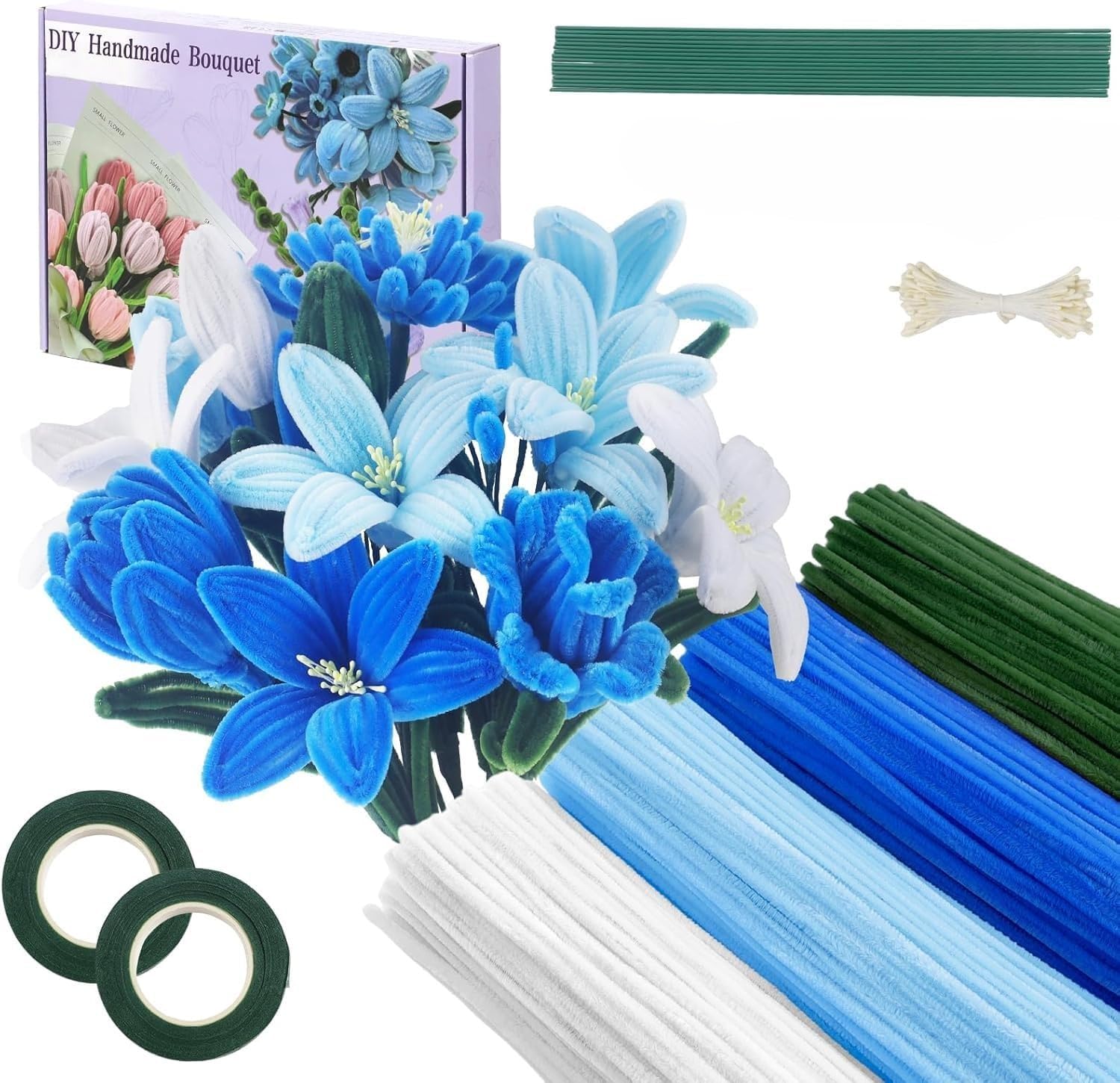Chenille Stems for DIY Flower Making Pipe Cleaners with Floral Wire, Tape, Stamen & Wrapping Paper - Premium Bouquet Supplies for Home Decor & Gifting (Blue 200pcs)-image-16