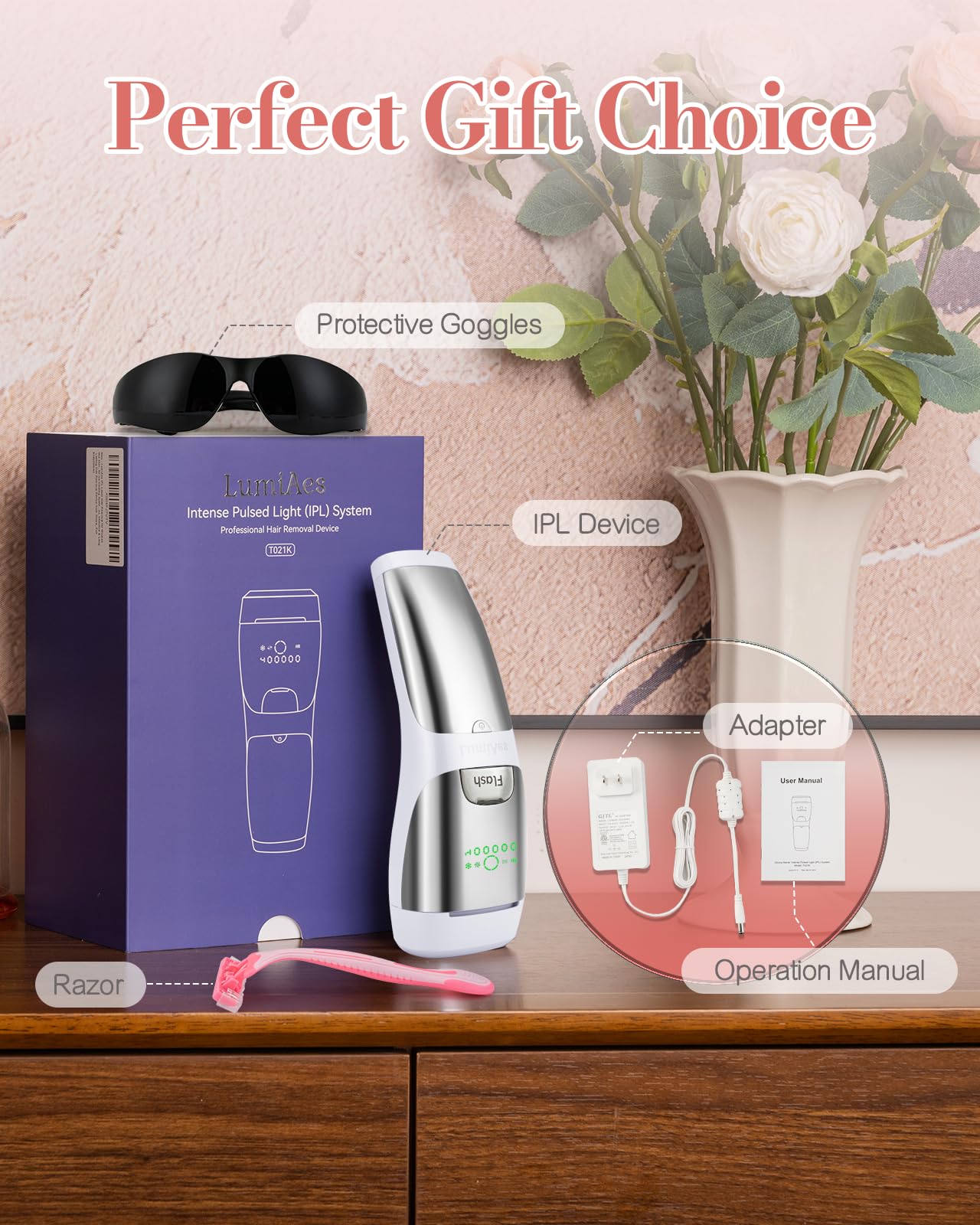 Depilación láser IPL para mujeres y hombres, sistema de enfriamiento de hielo de 50 ℉ y sensor de piel para funciones sin dolor, 3 en 1, dispositivo de depilación eficaz y duradero desde casa, 9