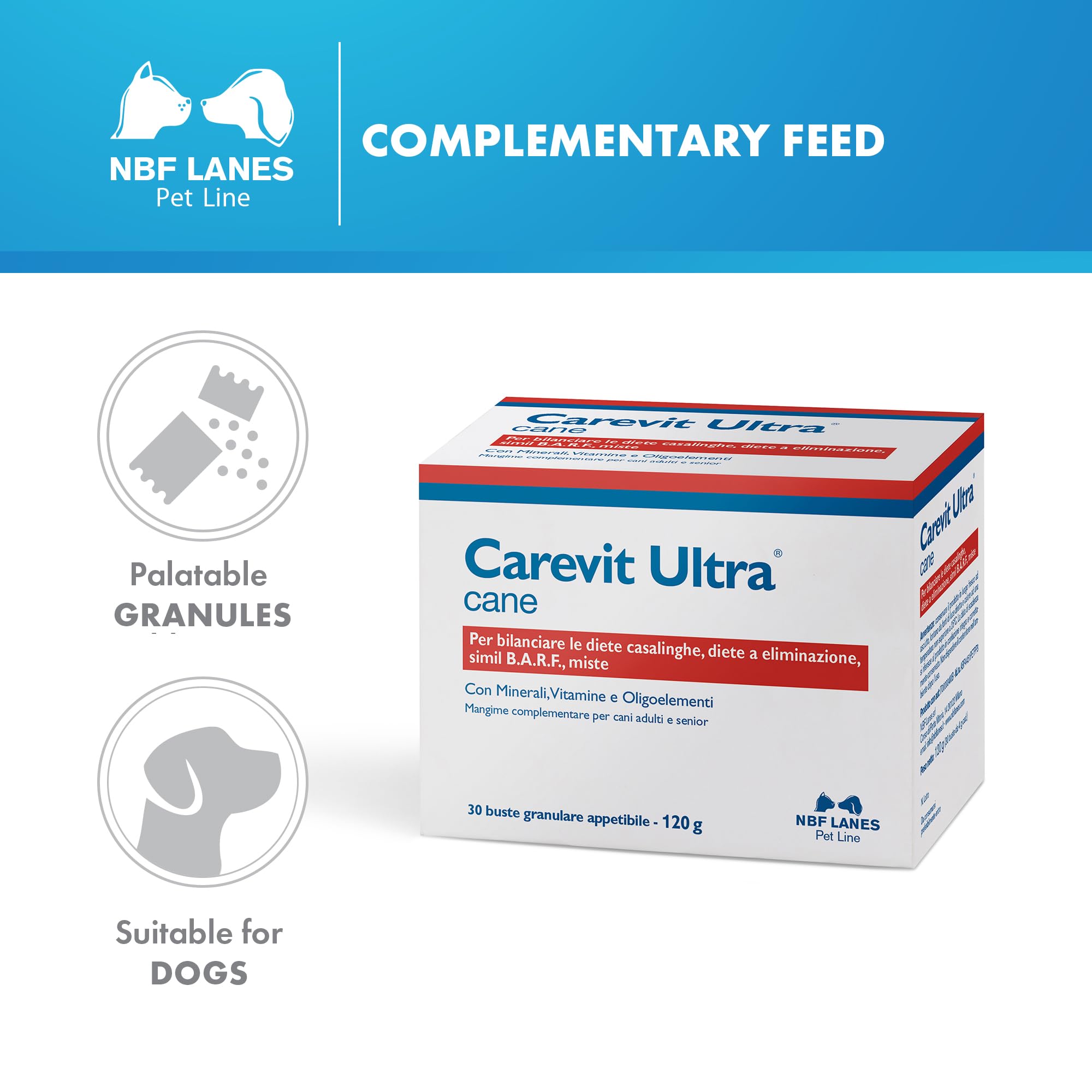 NBF Lanes Carevit Ultra Cane Lot de 30 sachets de 4 g en granulés appétissants pour équilibrer les régimes maison, les régimes d'élimination, Simil B.A.R.F