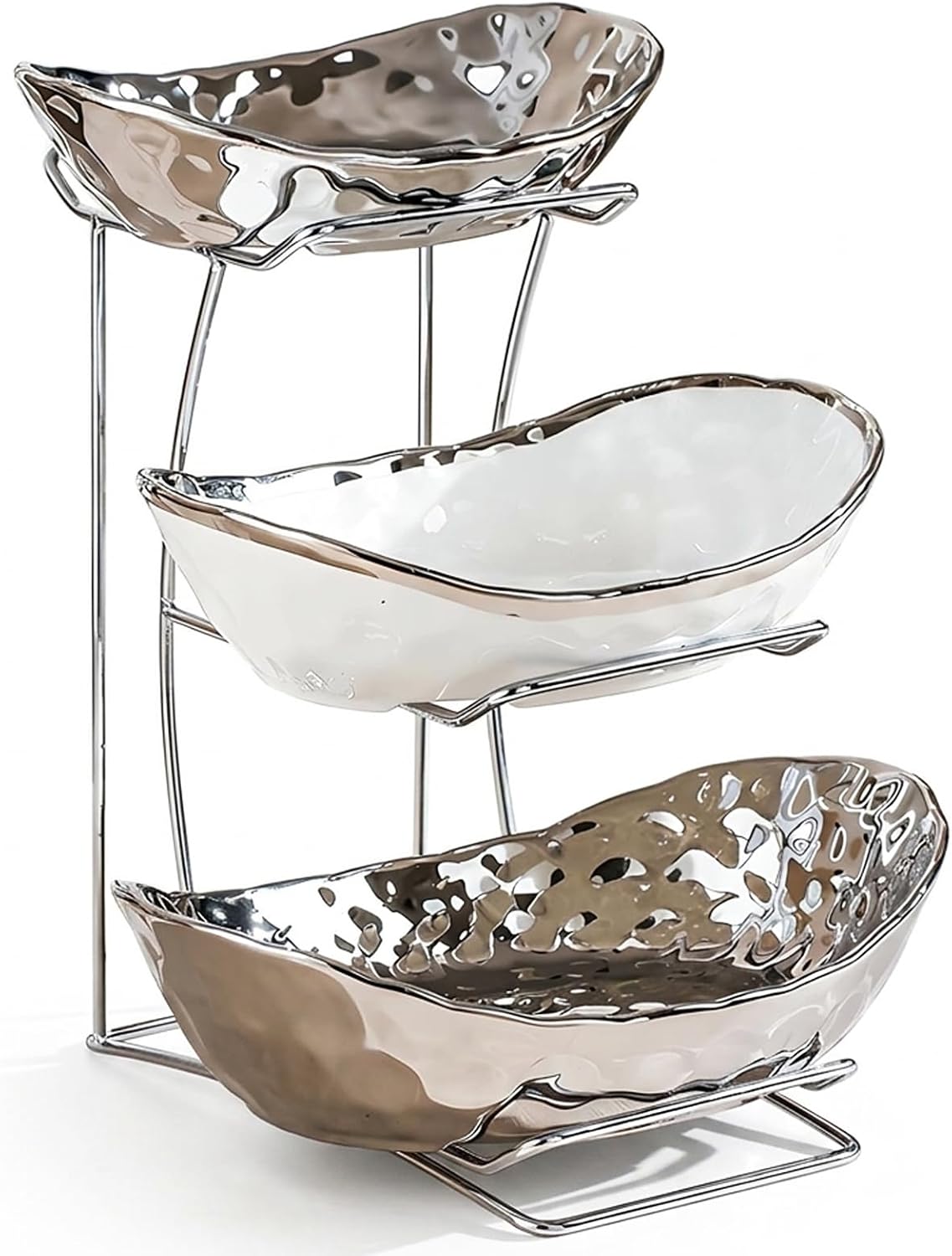 YYW 2Tier/ 3 Tier Fruit Bowl for Kitchen Counter, White Gold Silver Ceramic Fruit Stand for Countertop, Home Fruit Rack with Metal Holder, Snacks Nuts Bread Candy Storage (3 Tier, White D)