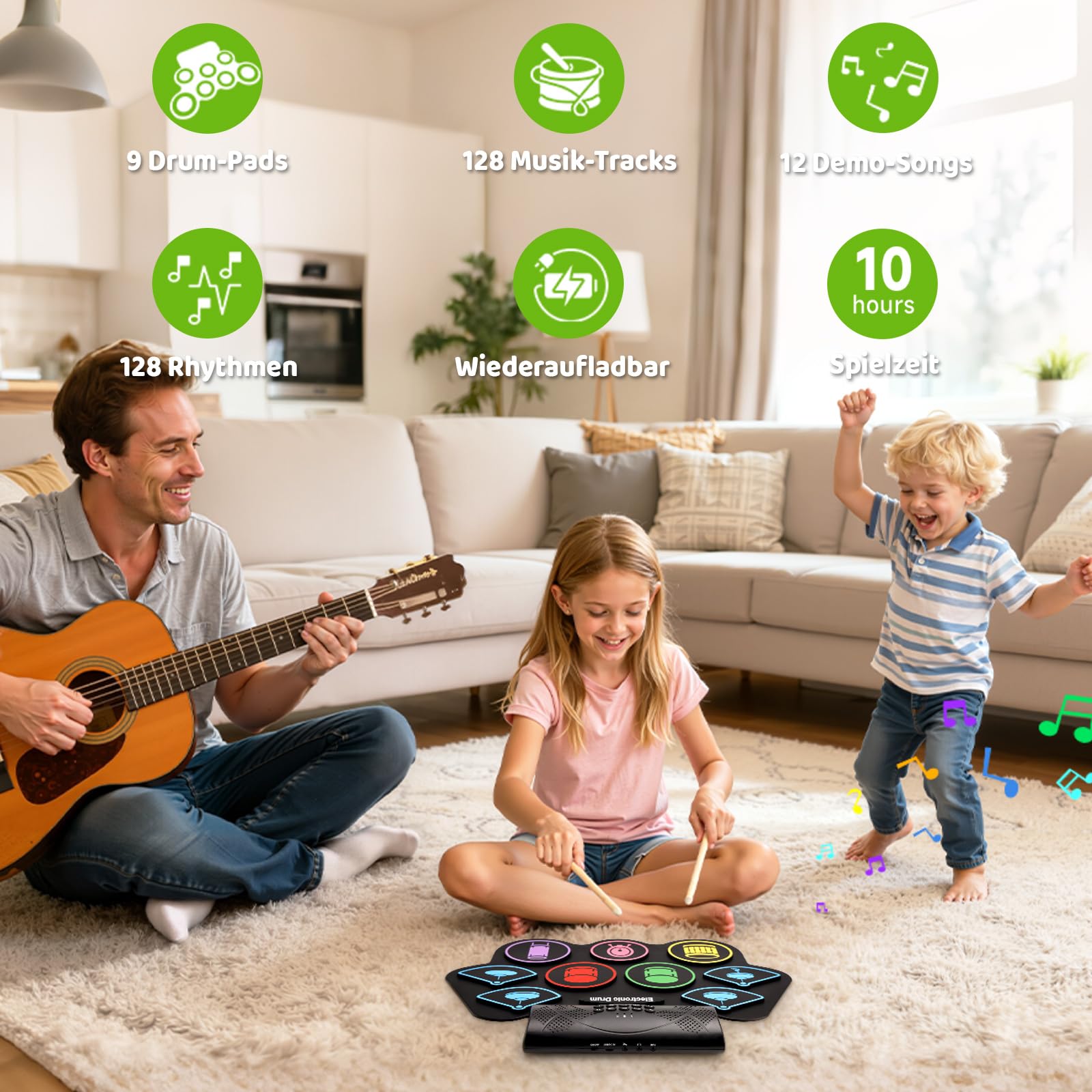 Topteng 9-Pad Schlagzeug Elektronisch, Handroll E-Drum Set mit Stereo-Lautsprechern & Fußpedalen, Tragbares Silikon Drum Pad Kit mit Kopfhöreranschluss, Musikinstrument Geschenk für Kinder & Anfänger