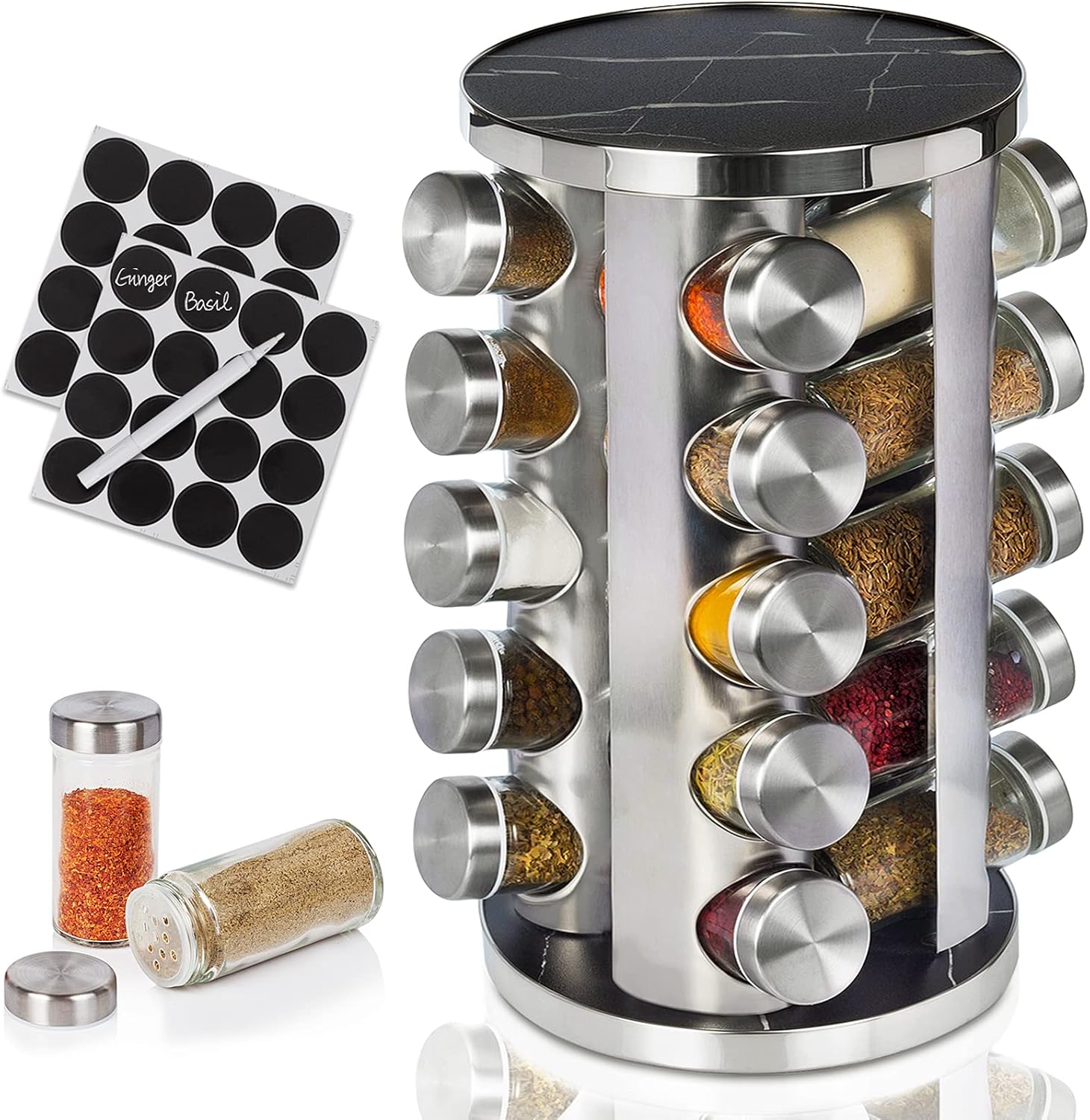 Baker Boutique Spice Rack Organizer for Countertop, Rotating Spice Rack with Jars, Spinning Spice Rack Shelf, Revolving Spice Rack for Kitchen (Black Marble)
