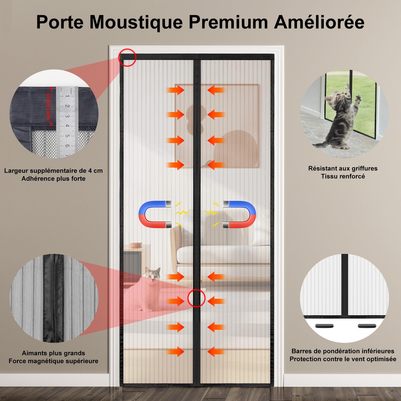 Moustiquaire Porte Fenetre Magnétique Sans Perçage 140x210 cm, Magnétique moustiquaire porte, Fermeture Automatique, Maille Ultra-Fine Antimoustique Noir