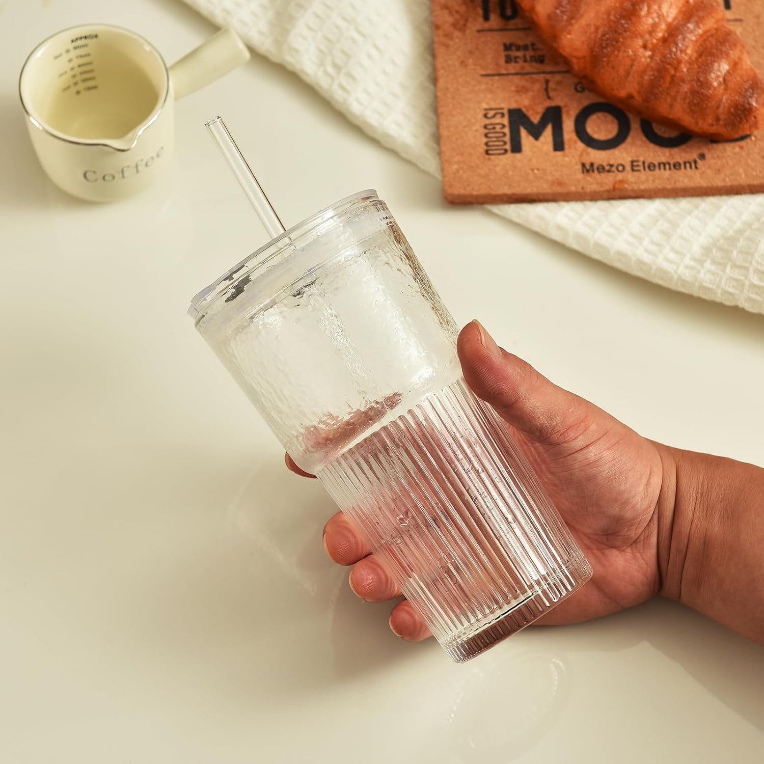 ALINK 20oz Glass Tumblers with Lids and Straws, Set of 4 - Stylish Ribbed Design Drinking Glasses for Iced Coffee Cups, Juice, Smoothies, Cold Beverages, Includes Cleaning Brush, Durable Glassware - Image 9