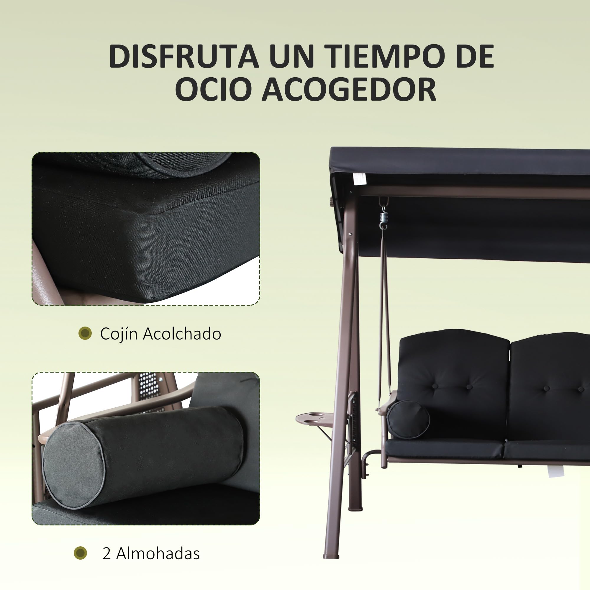 Outsunny Columpio de Jardín Exterior de 3 Plazas Balancín de Jardín Exterior con Toldo Ajustable Bandejas Laterales 2 Almohadas y Marco de Metal Carga 360 kg 208x121x172 cm Negro