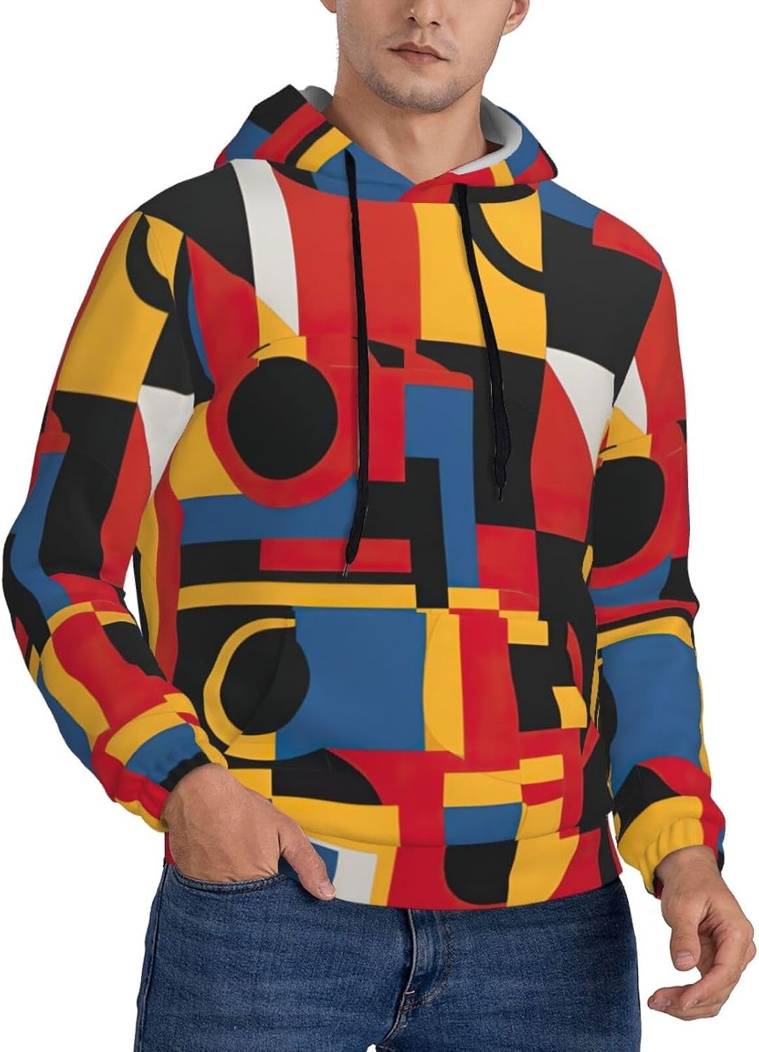 Composition in Red Yellow Blue and Black print Men's novelty hoodie print sweatshirt for casual pullovers for both men and women
