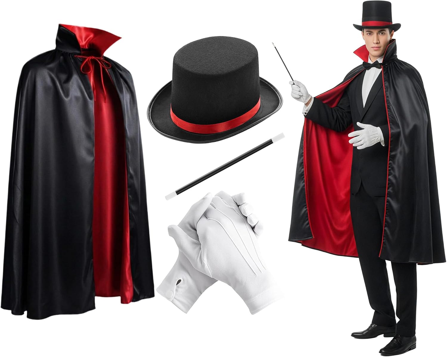 4 Pcs Red Black Magician Set Wizard Ribbon Hat Cape Gloves Wand Unisex Gothic Costume for Halloween Cosplay Stage