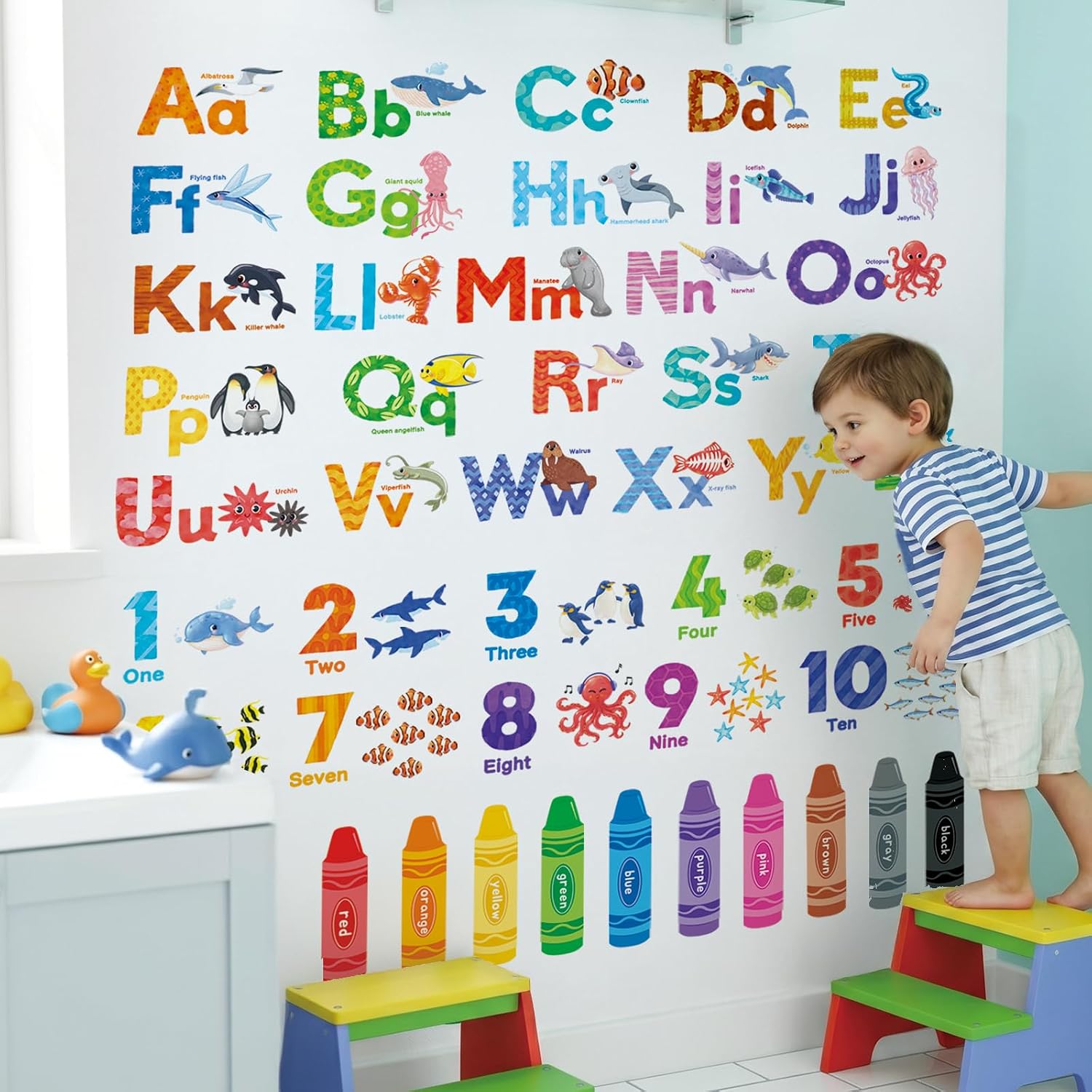 DECOWALL Sea Animals Alphabet & Numbers Wall Decals – Peel and Stick Educational Nursery Wall Stickers for Kids Bedroom & Classroom Decor (DS9-8093)