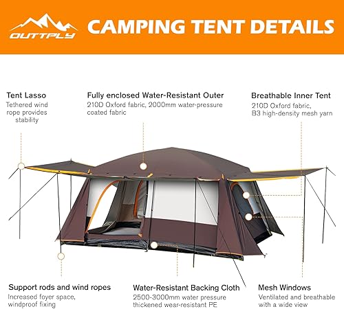 Miniatura 4 de Tienda de campaña para 4 a 6 personas, doble capa, tiendas de campaña familiares con 3 puertas, ventanas de malla, a prueba de lluvia y viento,