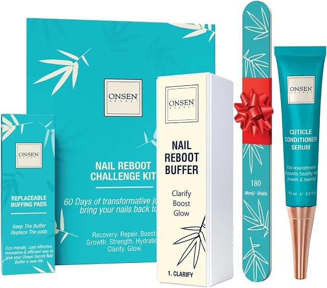 Onsen Secret Japanese Nail File Buffer and Shine Kit - Professional Nail File, 3-Way Nail Buffer Block w/Free Replacement Pads & Nail Strengthening Cuticle Cream for Healthy Nails, Nail Care Kit, 1pk
