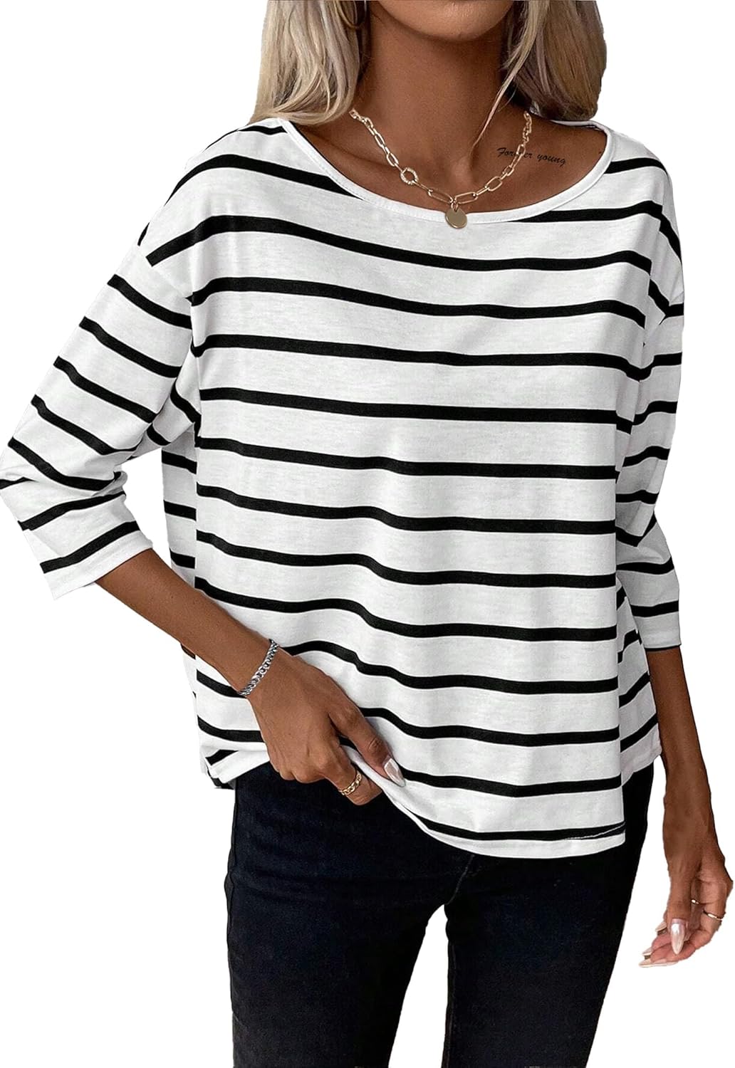 LilyCoco Womens 3/4 Length Sleeve Tops Striped Boat Neck Shirt Frenchy Cotton Tees XX-Large Black White