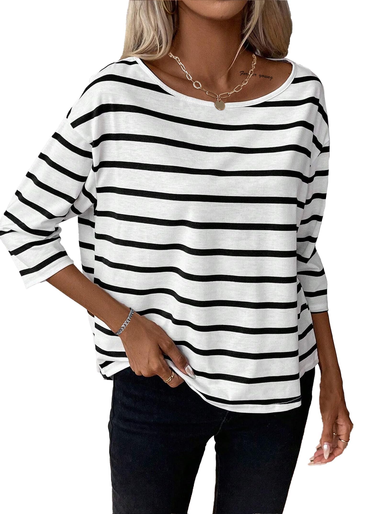 LilyCoco Womens 3/4 Length Sleeve Tops Striped Boat Neck Shirt Frenchy Cotton Tees