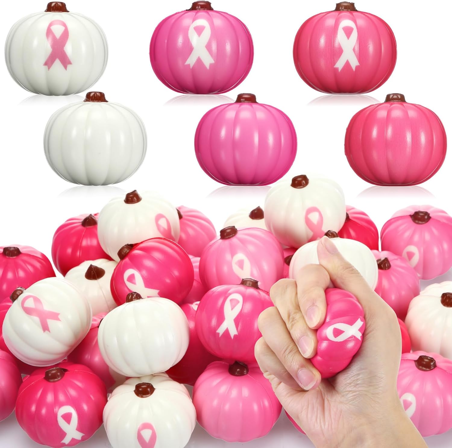 Liliful 60 Pcs Breast Cancer Awareness Pumpkins Stress Ball 2" Pumpkins Pink Ribbon Foam Decorations Squeeze Relief Gifts for Women Adults Breast Cancer Theme Party Favors, 6 Styles