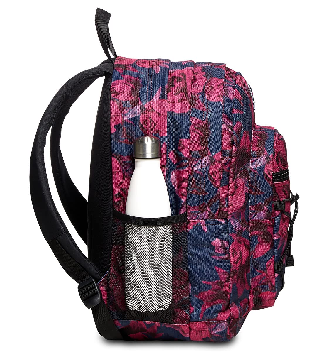 Invicta Schulranzen DIAL ROSES FANTASY mit Trinkflaschenfach, Extra Platz - 38 LT - Unisex, für Sport und Freizeit, italienisches Design, Geräumige Schultasche für Teenager schwarz/rosa Blumenmuster