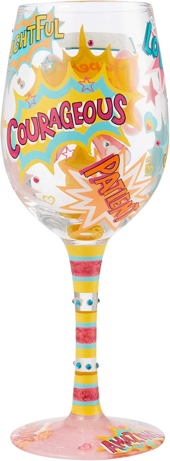 Enesco Designs by Lolita You're a Super She-Ro Artisan Hand-Painted Wine Glass, 15 Ounce, Multicolor