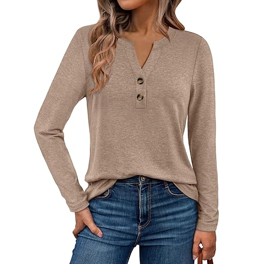 WYNNQUE Womens Long Sleeve Shirts Business Casual Outfits Dressy Tops Blouses Henley V Neck Fall Clothes