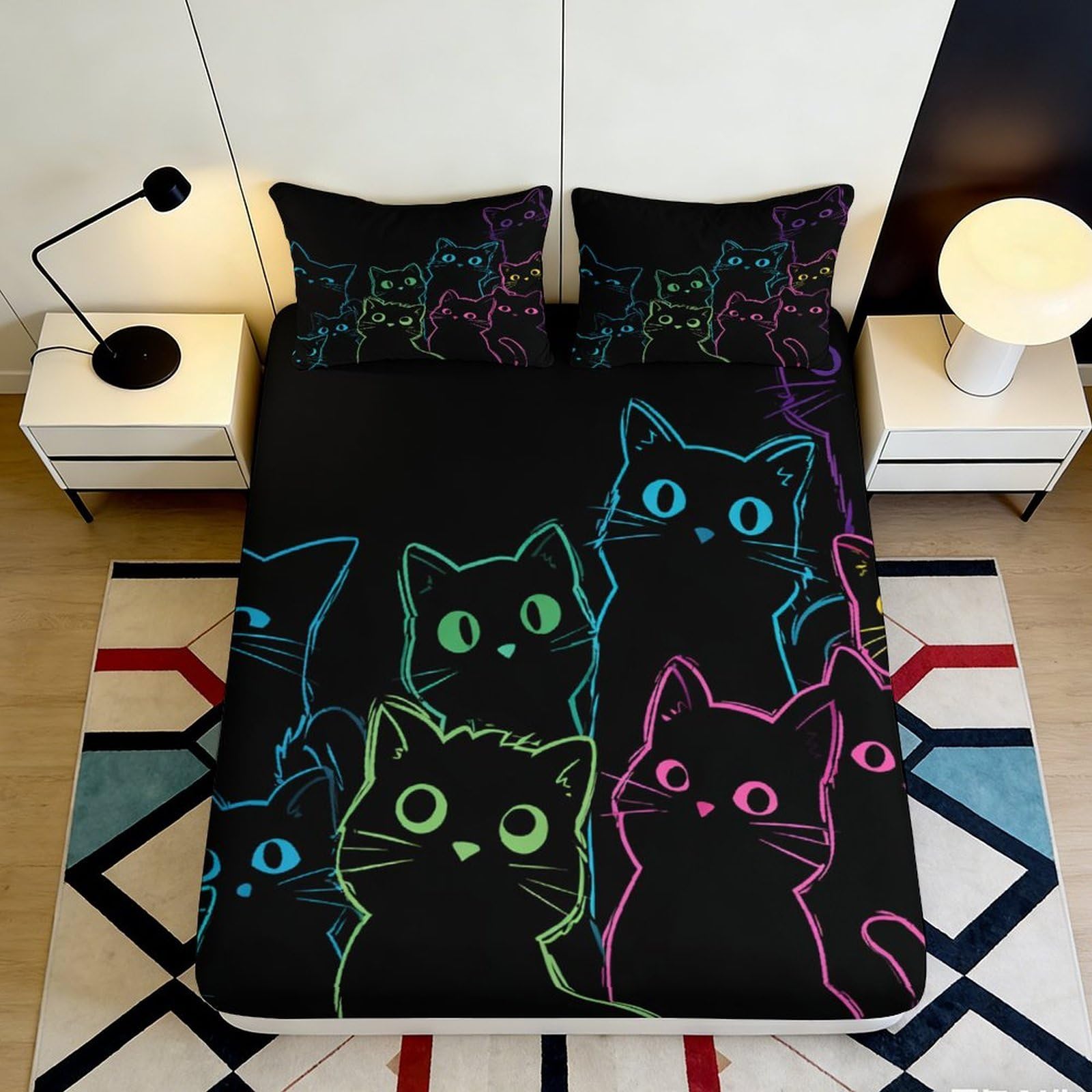 3D Printed Cartoon Cat Fitted Sheet Microfiber Deep Pocket Non-Slip for Adults Teens Bedroom Bedding Cartoon Cat Mattress Fitted Cover 120x200x25cm