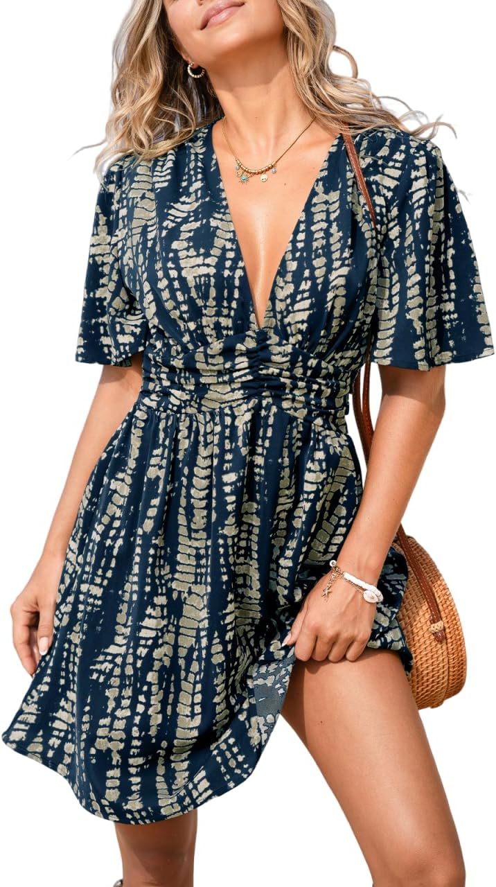 CUPSHE Women's Summer Dresses Abstract Plunging V Neck Short Sleeve Elastic Waist Mini Dress