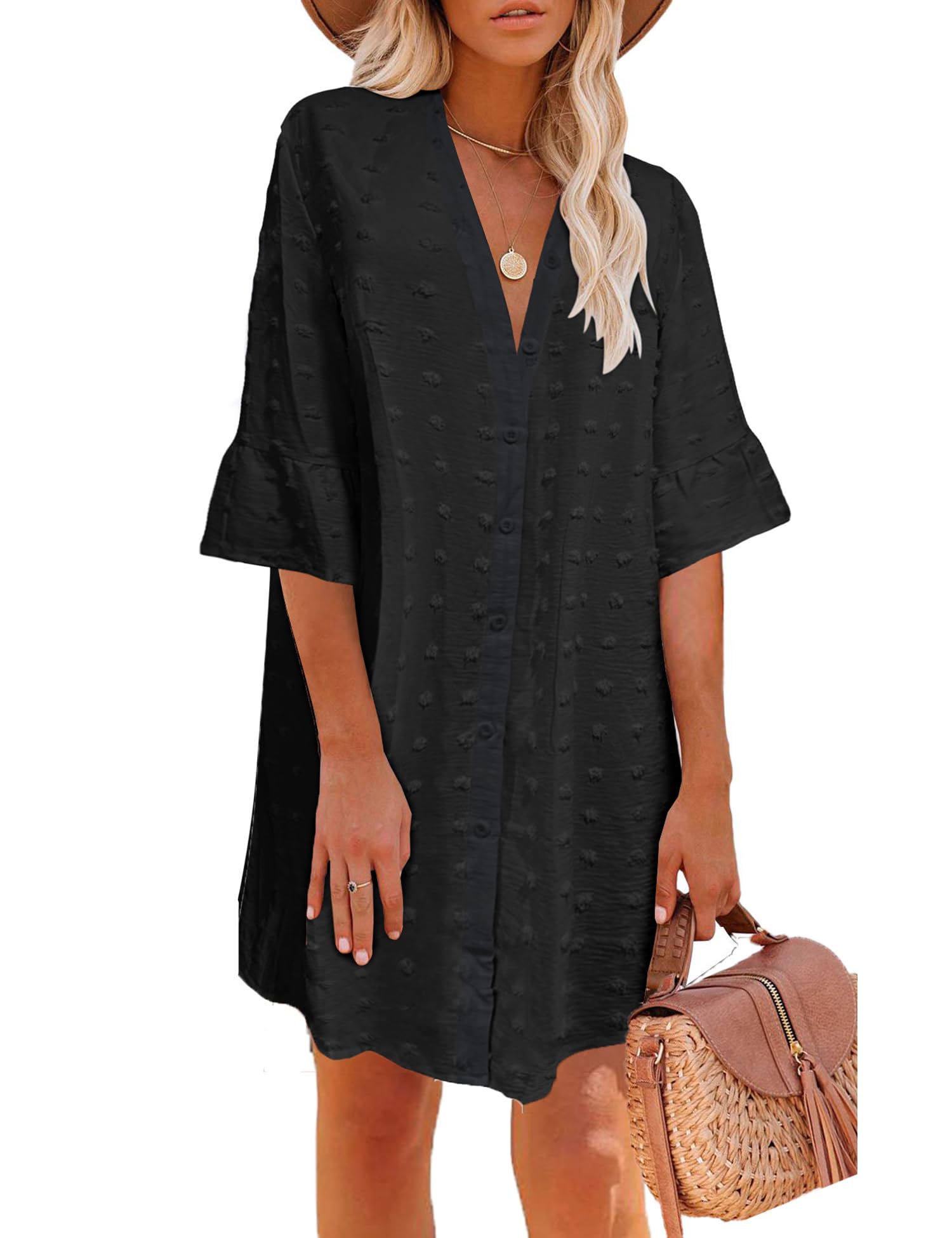 ELESOL Womens Swimsuit Coverup Button Down Beach Cover Ups Shirt Dress Summer Casual Oversized Vacation Swimwear